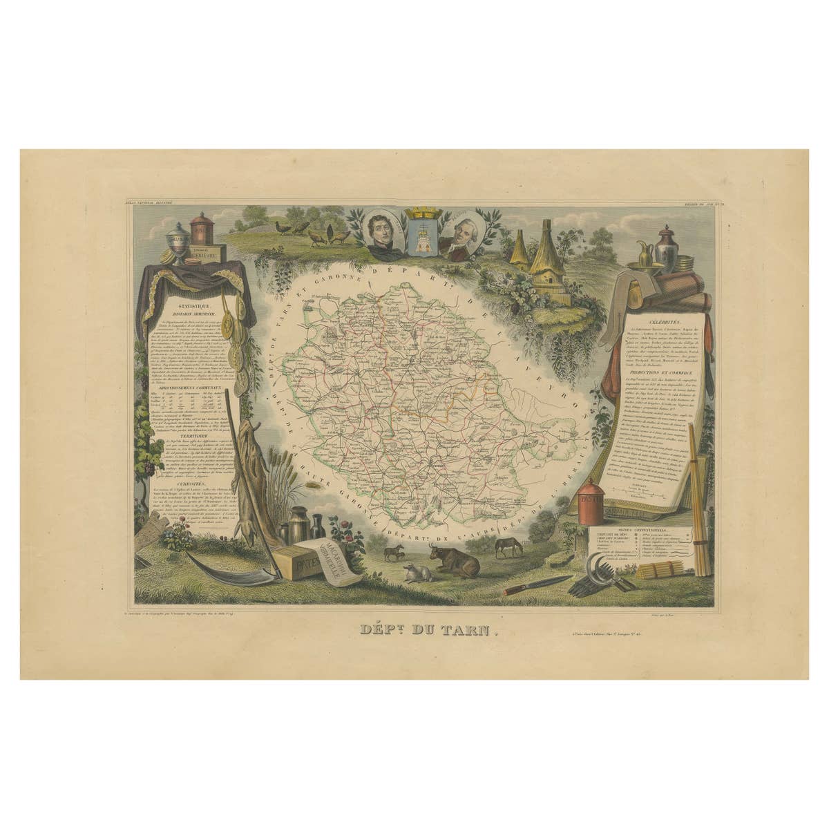 Antique Map of the Department De Tarn, 'France' by v. Levasseur, c. 1852
