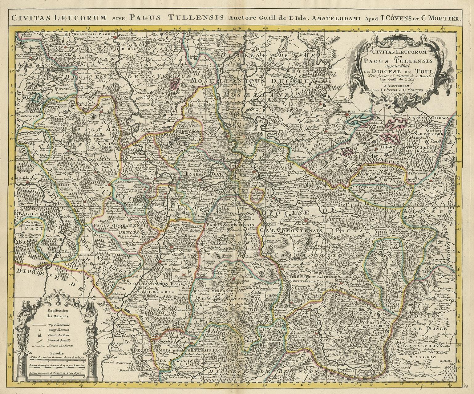 Antique map titled 'Civitas Leucorum sive Pagus Tullensis'. Detailed map of the Diocese of Toul, France. Centered on the cities of Nancy and Toul and including Metz, Verdun, S. Dizier, Nas, Neuchataeu, Mircourt, Remiremont, Pagi, etc.