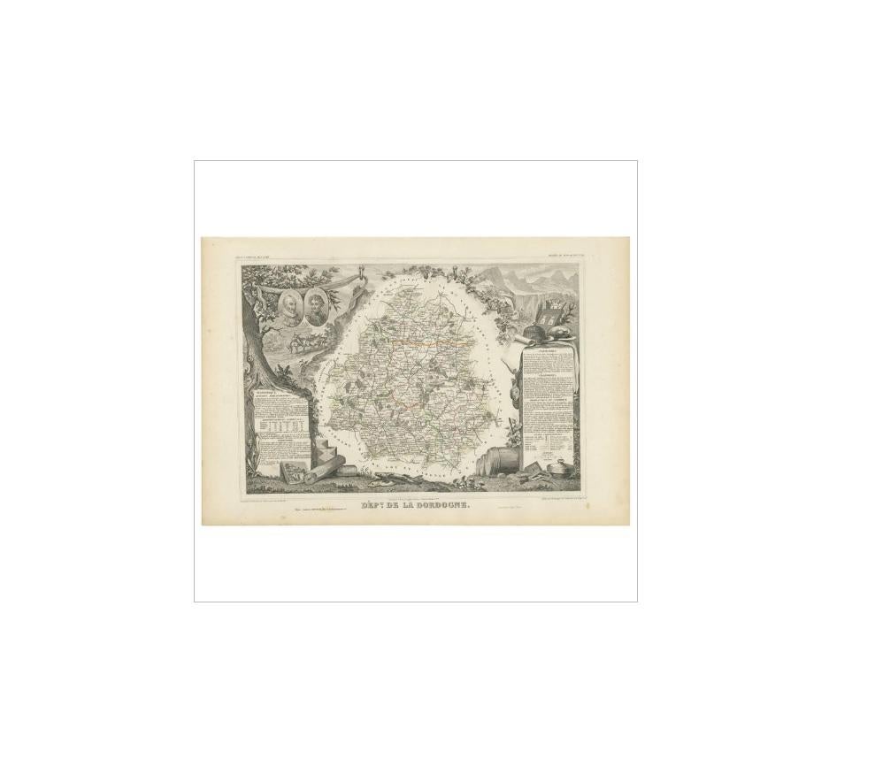 Antique map titled 'Dépt. de la Dordogne'. Map of the French department of Dordogne, France. This area is best known for its production of Monbazillac, a sweet white wine, and Cabécou, a soft goat cheese. The whole is surrounded by elaborate