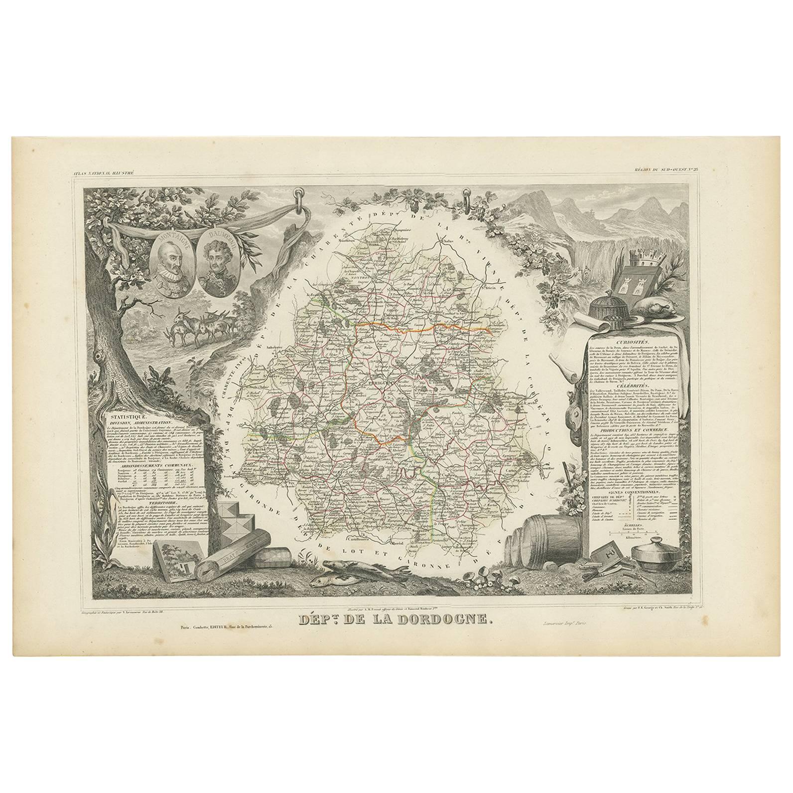 Antique Map of the Dordogne ‘France’ by V. Levasseur, 1854