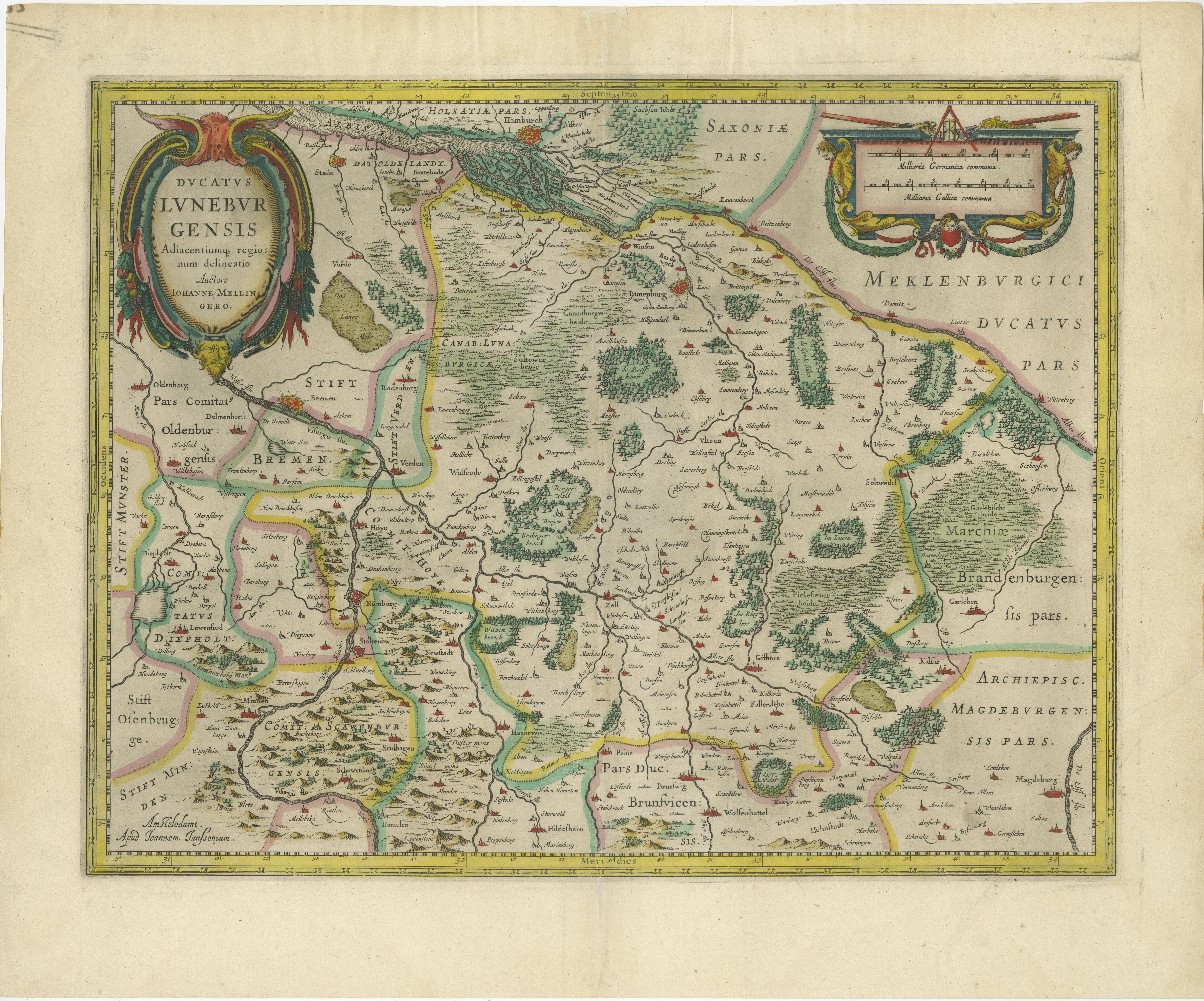 Antique map titled 'Ducatus Luneburgensis (..)'. Map of the Duchy of Lüneburg in Lower Saxony, Germany. Published by J. Janssonius, circa 1664.

Jan Janssonius (also known as Johann or Jan Jansson or Janszoon) (1588-1664) was a renowned geographer