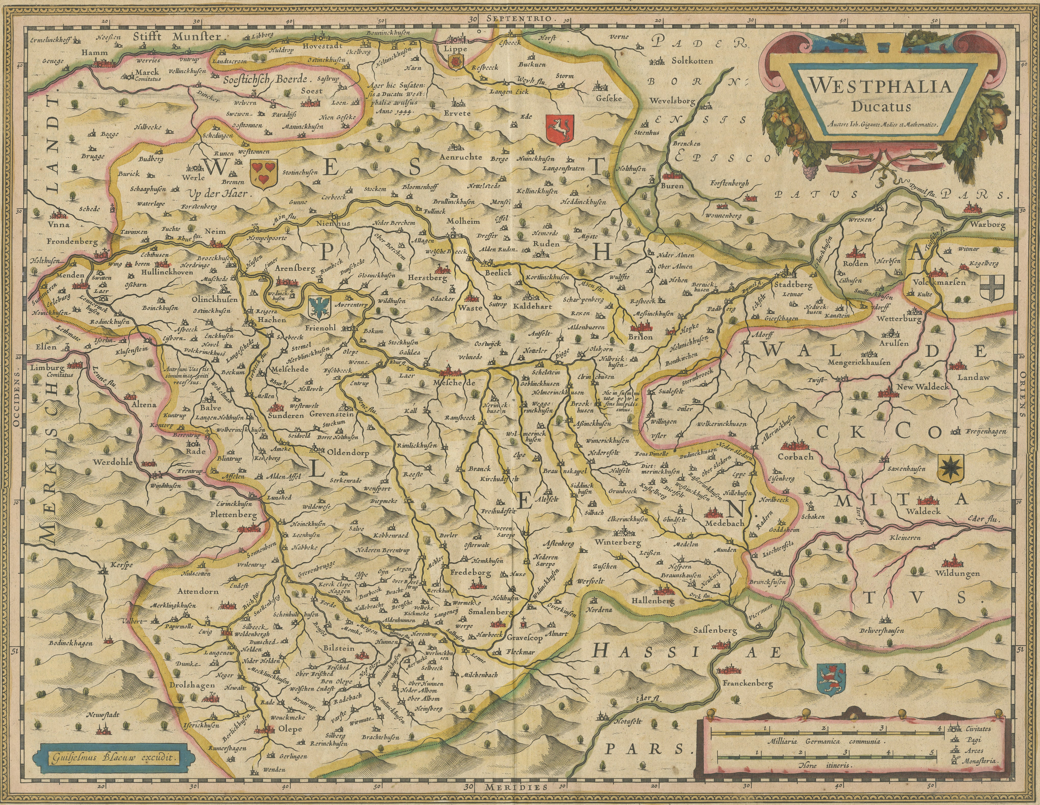 Antike Original-Landkarte mit dem Titel 'Westphalia Ducatus'. Schöne Karte des Herzogtums Westfalen, Deutschland. Die Karte ist auf Meschede zentriert und umfasst Arensberg, Beelick und Brilon. Herausgegeben von G. Blaeu, um 1640.