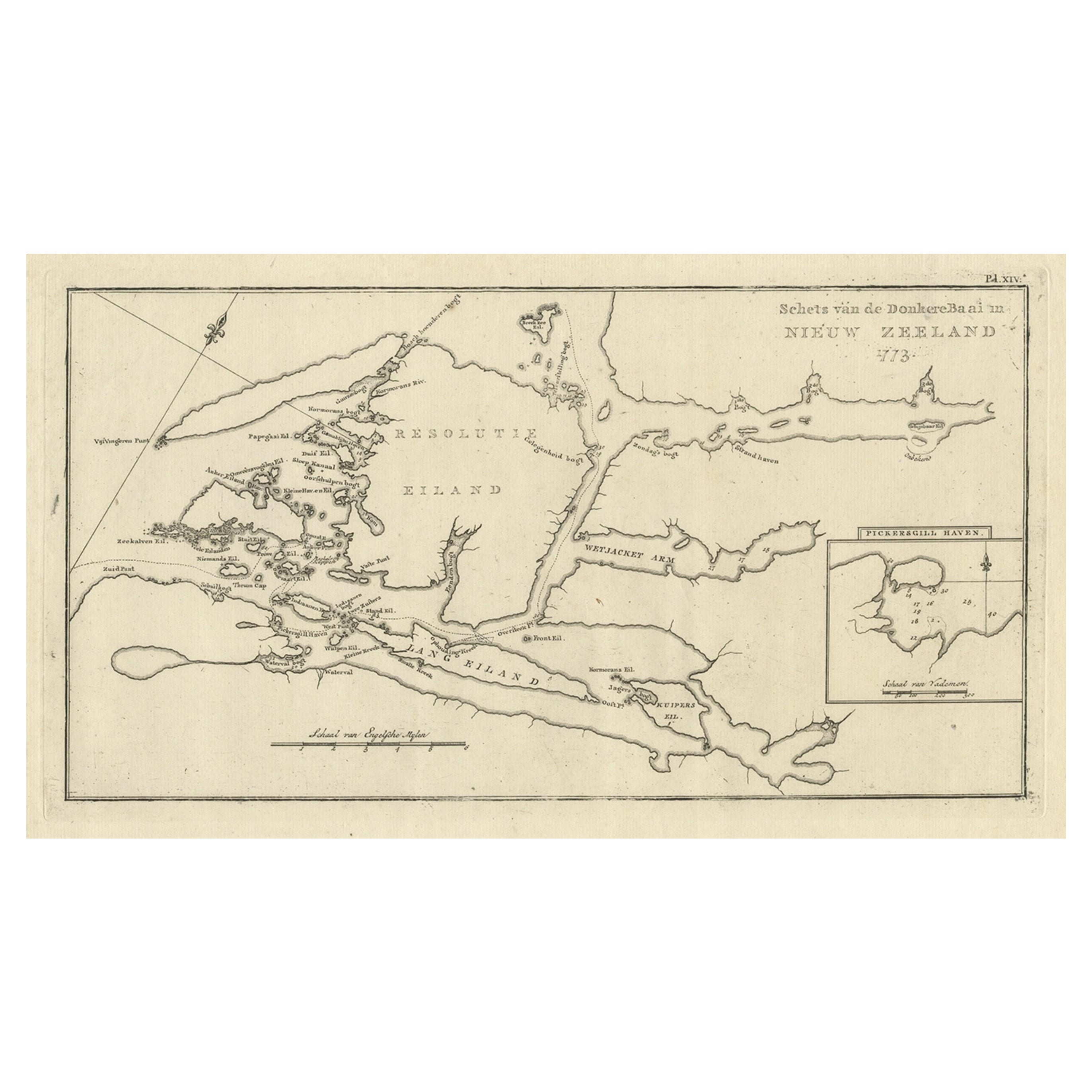 Mappa antica della Baia di Dusky o Dusky Sound della Nuova Zelanda del Capitano Cook, 1803