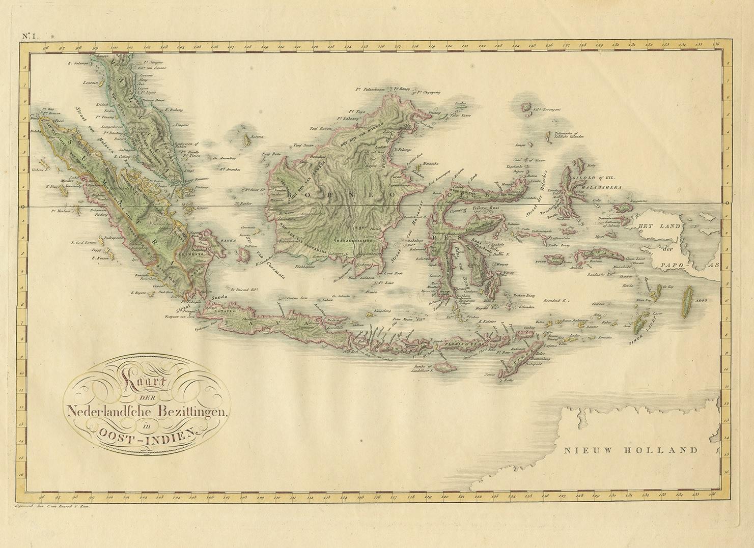 Antique map titled 'Kaart der Nederlandsche Bezittingen in Oost-Indiën'. 

Rare and attractive map of the Dutch East Indies, it shows the Dutch possessions in the 19th century. This colony was one of the most valuable European colonies under the