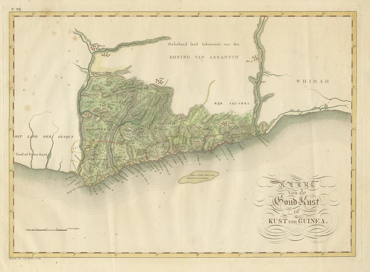 Antique map titled 'Kaart van de Goud-Kust of Kust van Guina'. A rare and attractive early 19th century Dutch map of the Dutch Gold Coast. The Dutch Gold Coast or Dutch Guinea, was a portion of contemporary Ghana that was gradually colonized by the
