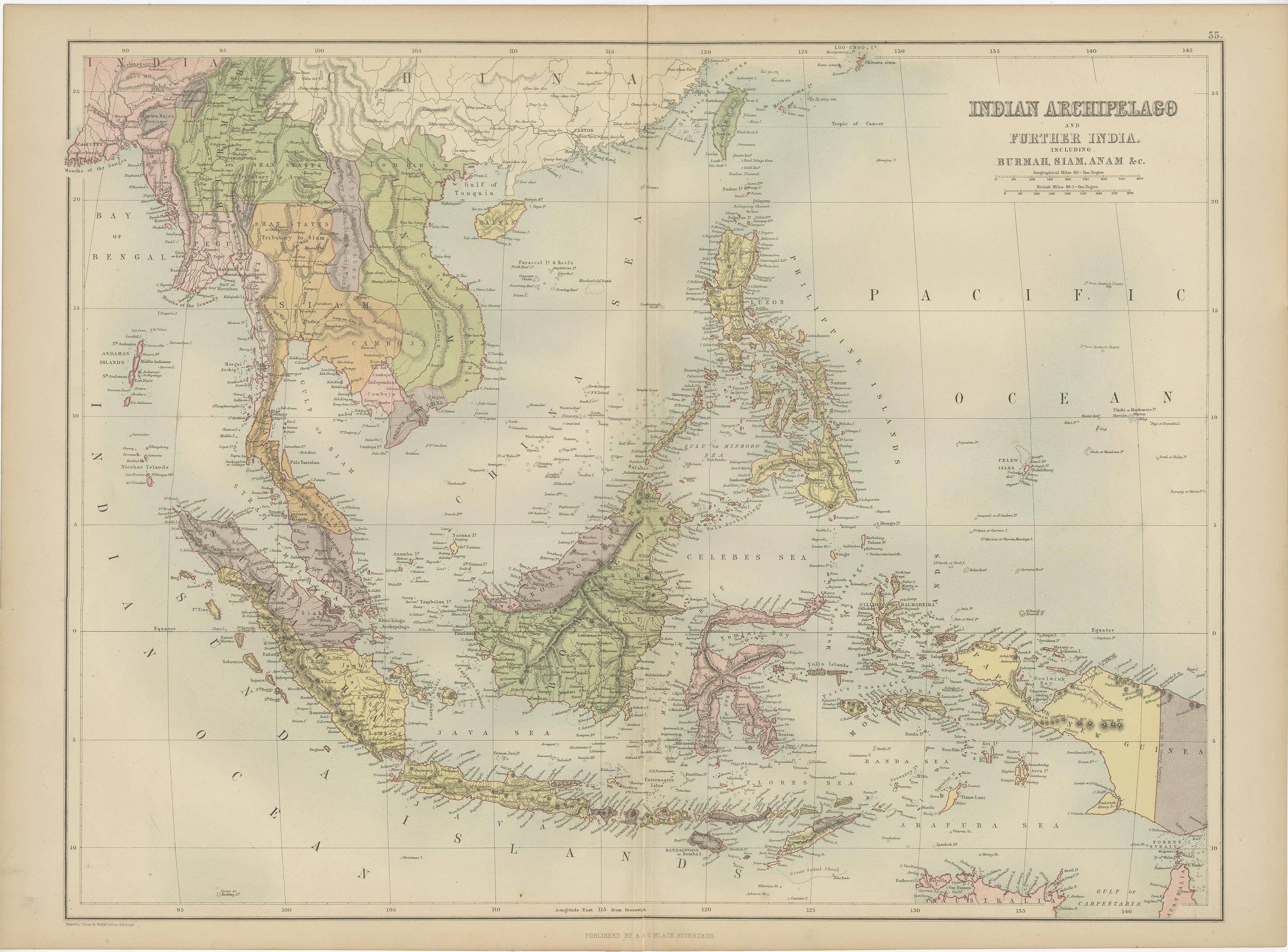 Antique map titled 'Indian Archipelago and Further India including Burmah, Siam, Anam &c'. Original antique map of Indian Archipelago and Further India. This map originates from ‘Black's General Atlas of The World’. Published by A & C. Black, 1870.