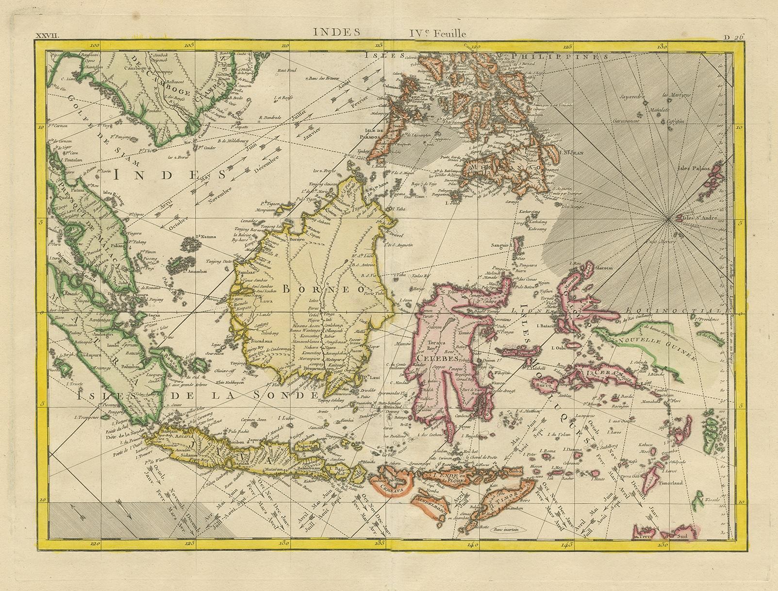Antique map titled 'Indes IVe Feuille'. Very decorative original antique map of the East Indies. Covbers from the Gulf of Siam (Gulf of Thailand) and Malacca (Malaysia) eastward to include parts of Sumatra, Java, Borneo, Celebes, parts of Cambodia,