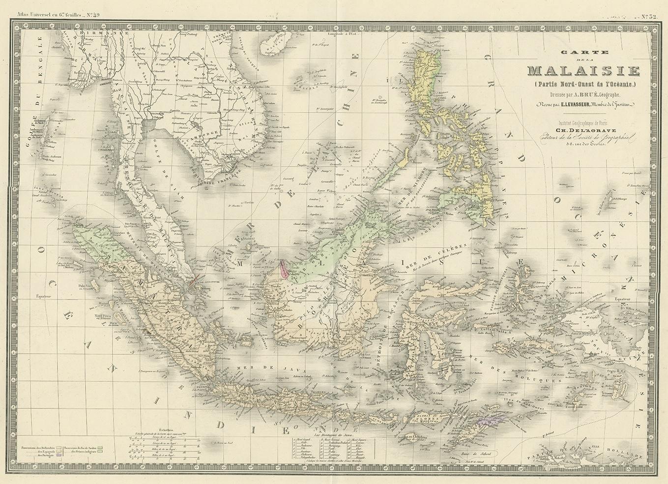 Antique map titled 'Carte de la Malaisie'. Large map of the East Indies. This map originates from 'Atlas de Géographie Moderne Physique et Politique' by A. Levasseur. Published 1875.