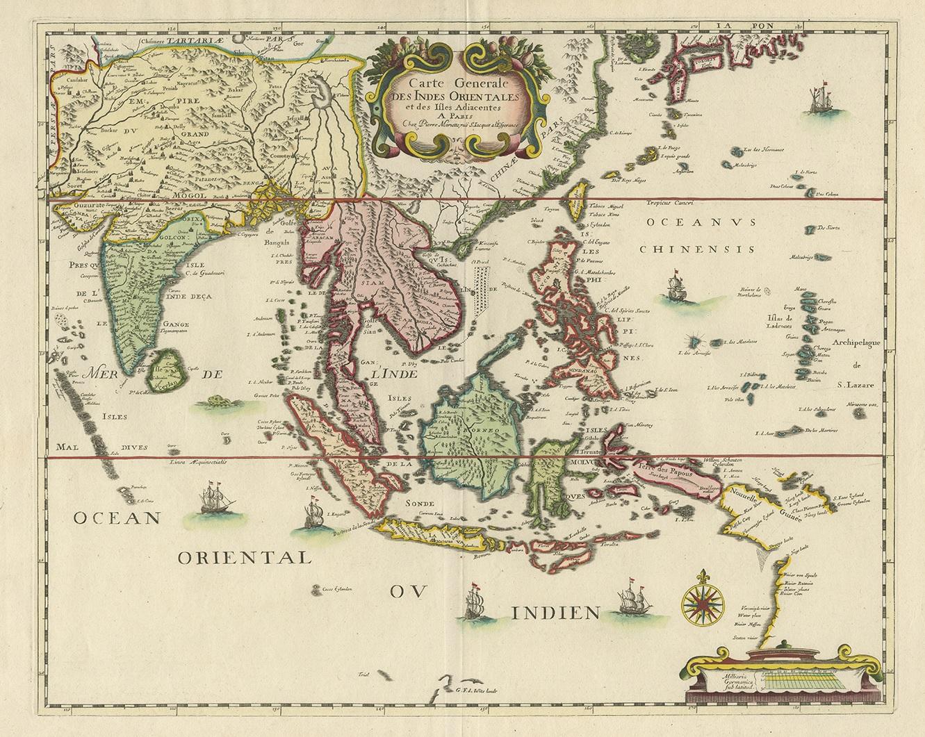 Antique map titled 'Carte Generale Des Indes Orientales et des Isles Adiacentes'. Uncommon, early map of Southeast Asia from the Maldives to the South of Japan with parts of the northern Australian coast, published separately by Pierre Mariette.