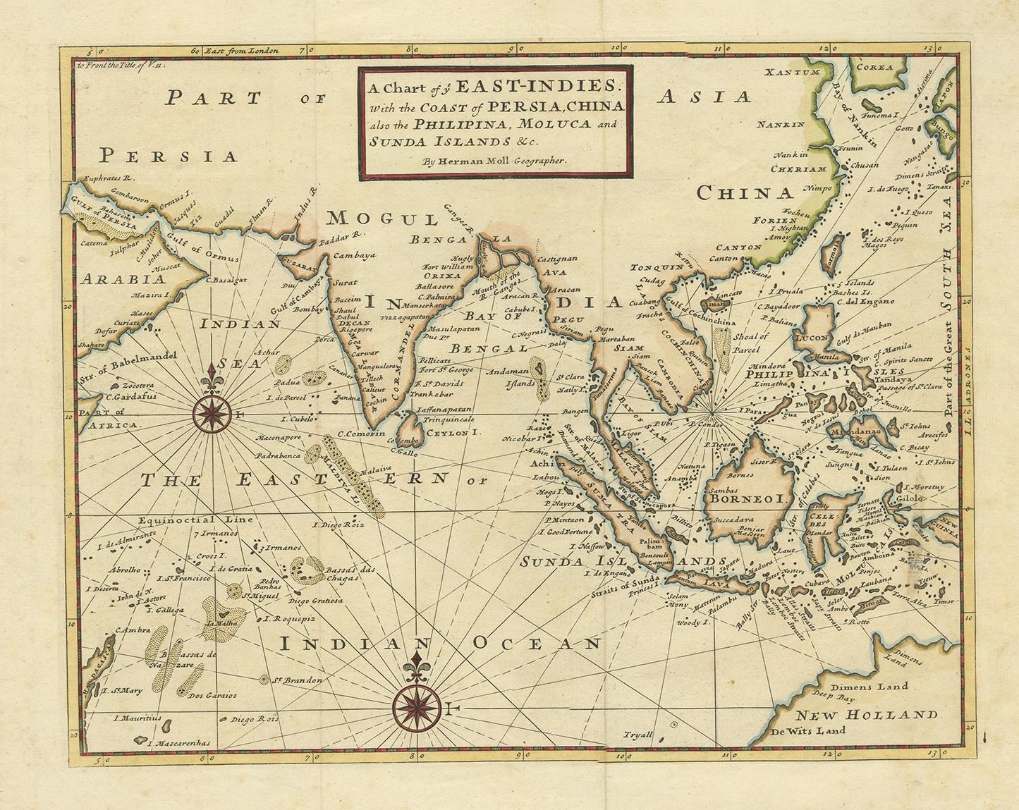 Antique map titled 'A Chart of ye East-Indies. With the Coast of Persia, China also the Philipina, Moluca and Sunda Islands'. Detailed map of the Indian Ocean, Southeast Asia, China, Formosa, the Philippines and part of Australia. This map
