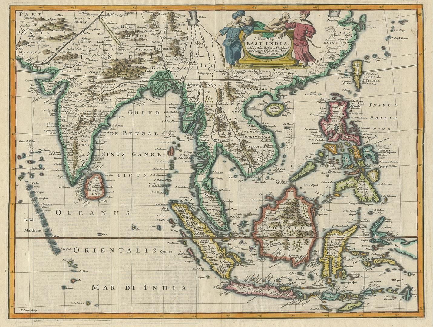 Antique map titled 'A New Map of East India'. John Speed's map of Southeast Asia, China, Taiwan and part of India, which was engraved by Francis Lamb and first appeared in the enlarged edition of Speed's world atlas in 1676. The map covers Southeast