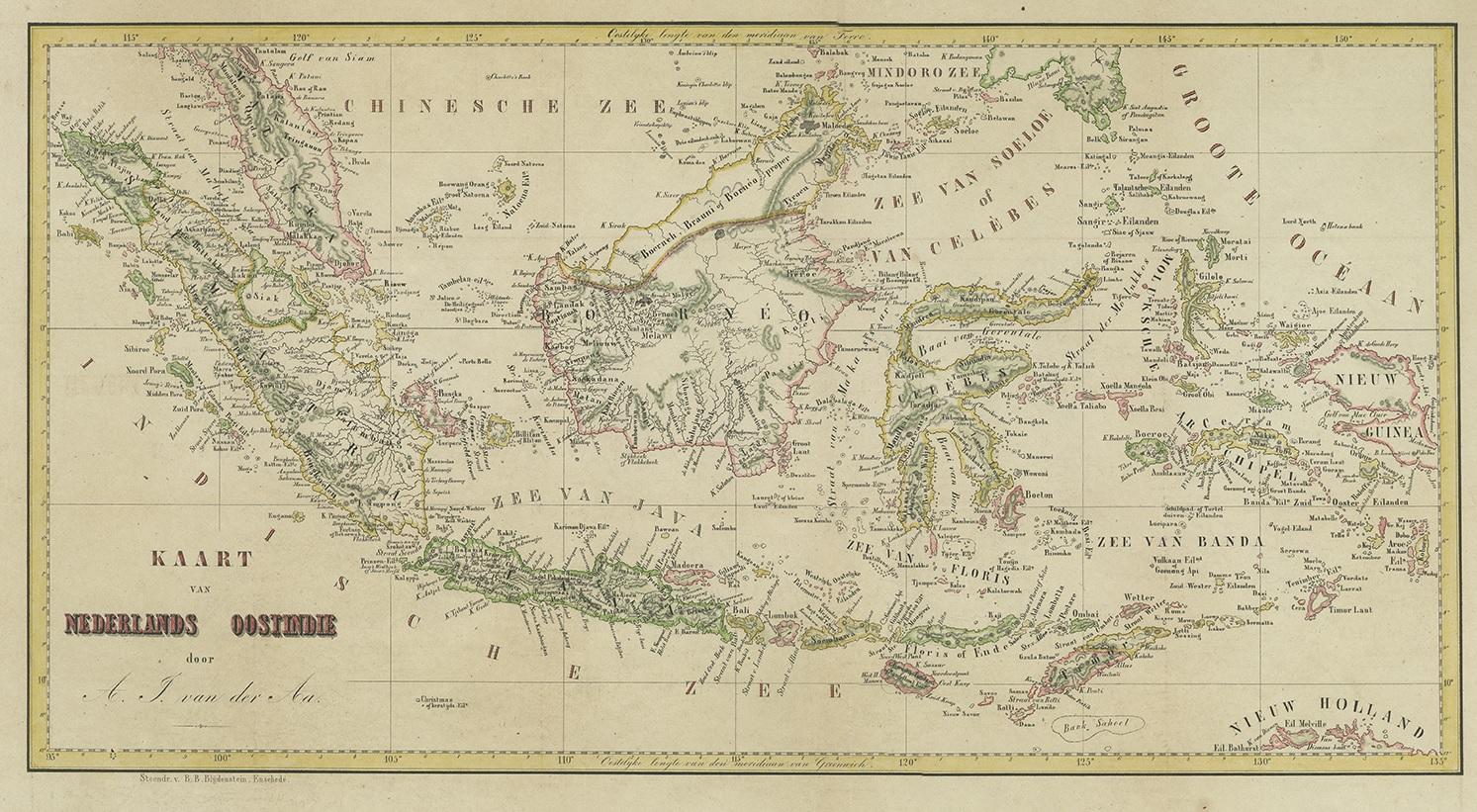 Antique map titled 'Kaart van Nederlands OostIndie door A.J. van der Aa'. Old map of the Dutch East Indies. This map originates from 'Nederlands Oost-Indië, of beschrijving der Nederlandsche bezittingen in Oost-Indië, voorafgegaan door een beknopt