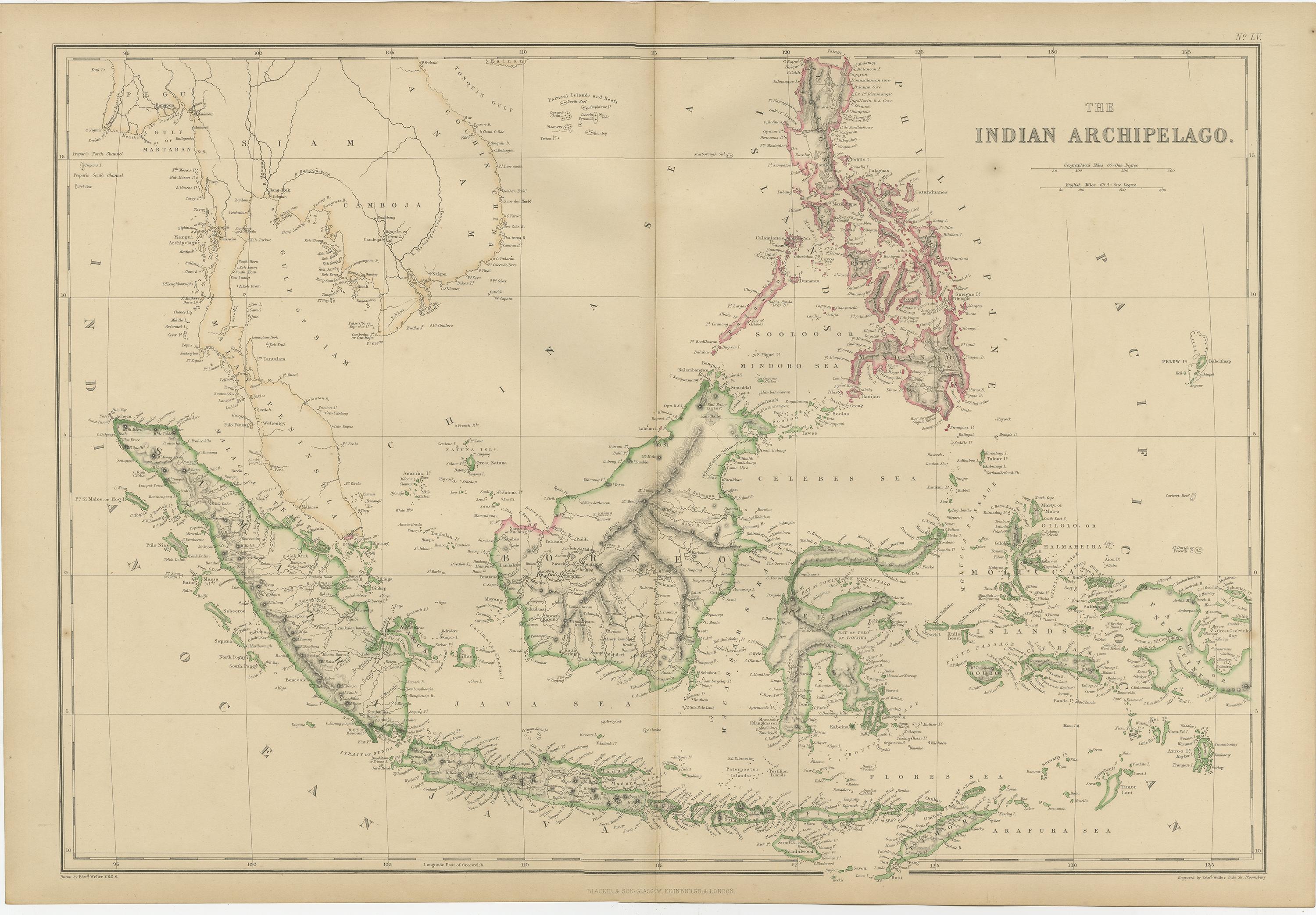 Antique map titled 'The Indian Archipelago'. Original antique map of the East Indies. This map originates from ‘The Imperial Atlas of Modern Geography’. Published by W. G. Blackie, 1859.