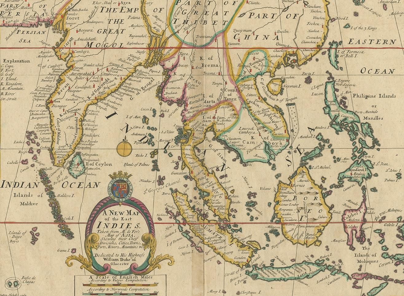 Antique map titled 'A New Map of the East Indies'. Old map covering all of Southeast Asia from Persia to the Timor Island, inclusive of the modern day nations of India, Ceylon, Thailand, Burma (Myanmar), Malaysia, Cambodia, Vietnam, Laos, Indonesia,