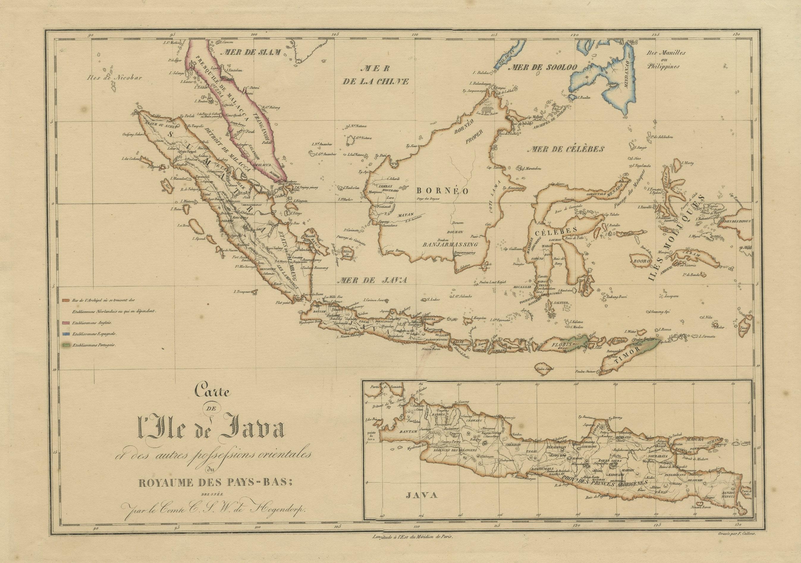 Original antique map titled 'Carte de l'Ile de Java'. Original antique map of the East Indies, with inset map of Java, Indonesia. With original/contemporary hand coloring. Engraved by F. Callens. Published circa 1840. 
