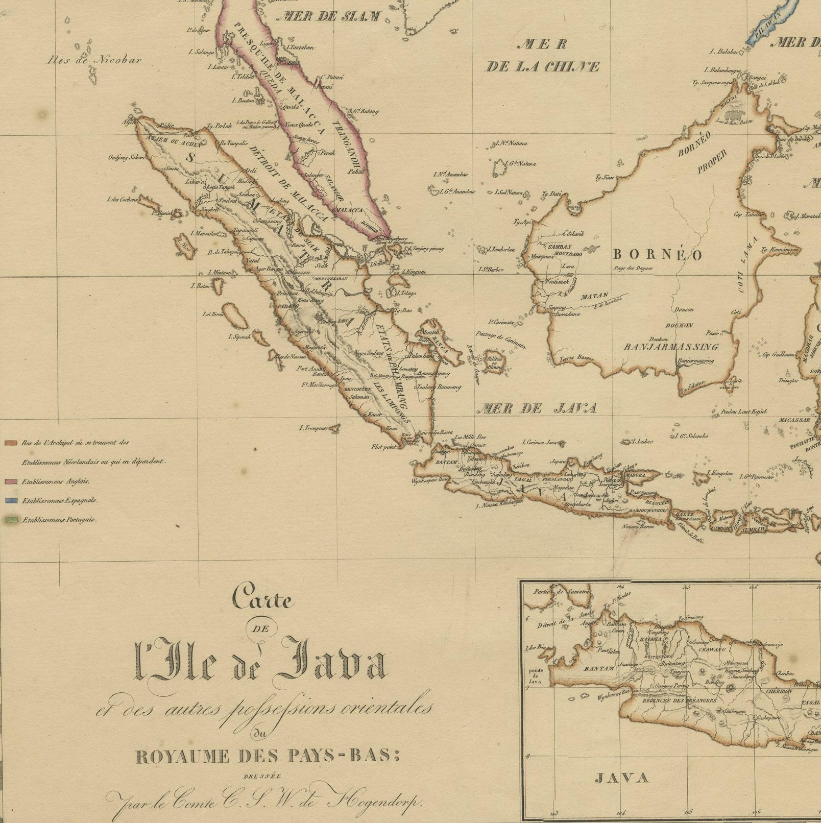 Antique Map of the East Indies, with inset map of Java, Indonesia In Good Condition In Langweer, NL