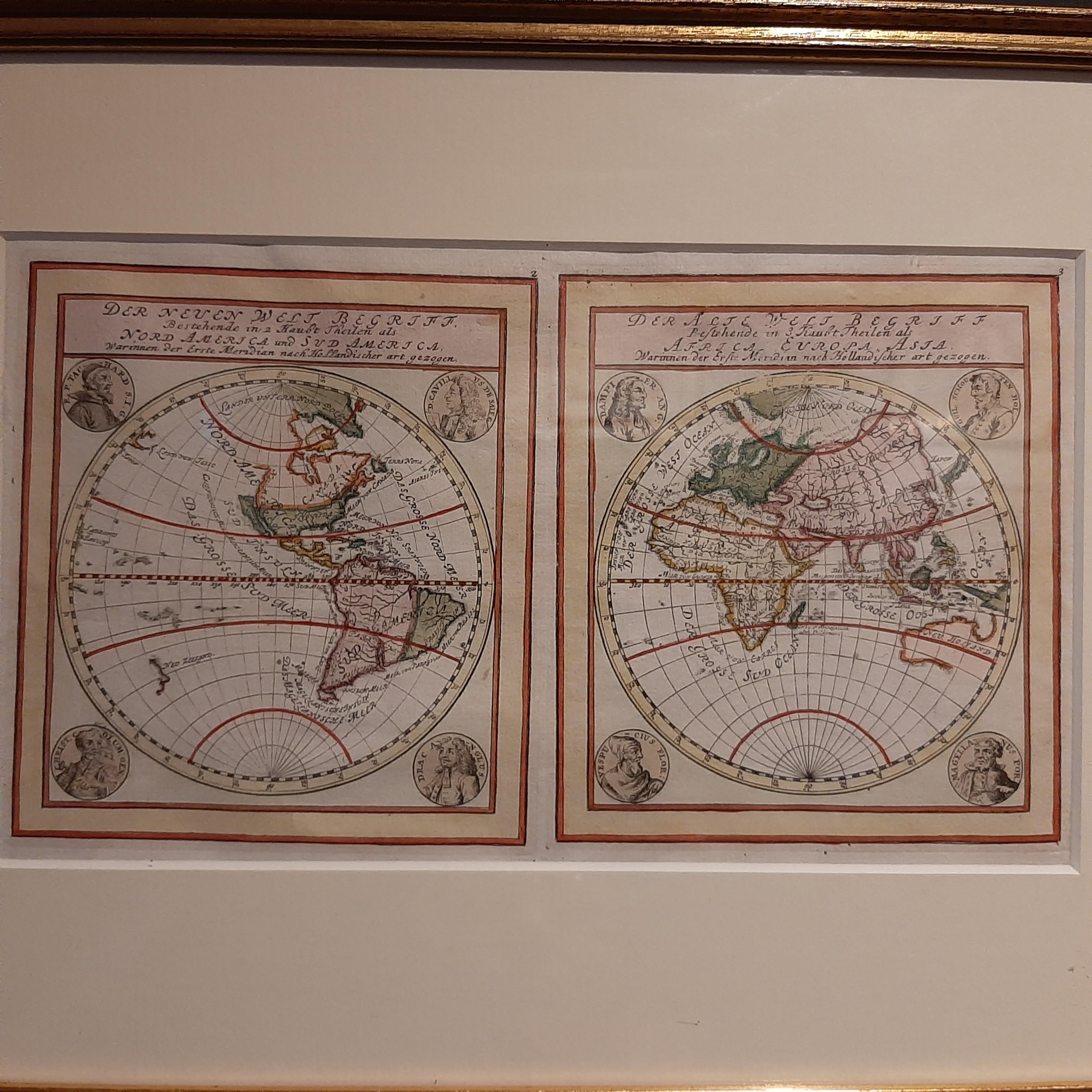 Antique map titled 'Der neuen Welt Begriff bestehende in 2 haubty Theilen als Nord America und Sud America' and 'Der alte Welt Begriff bestehende in 3 haubt theilen als Africa, Europa, Asia'. Two maps on one sheet depicting the eastern and western