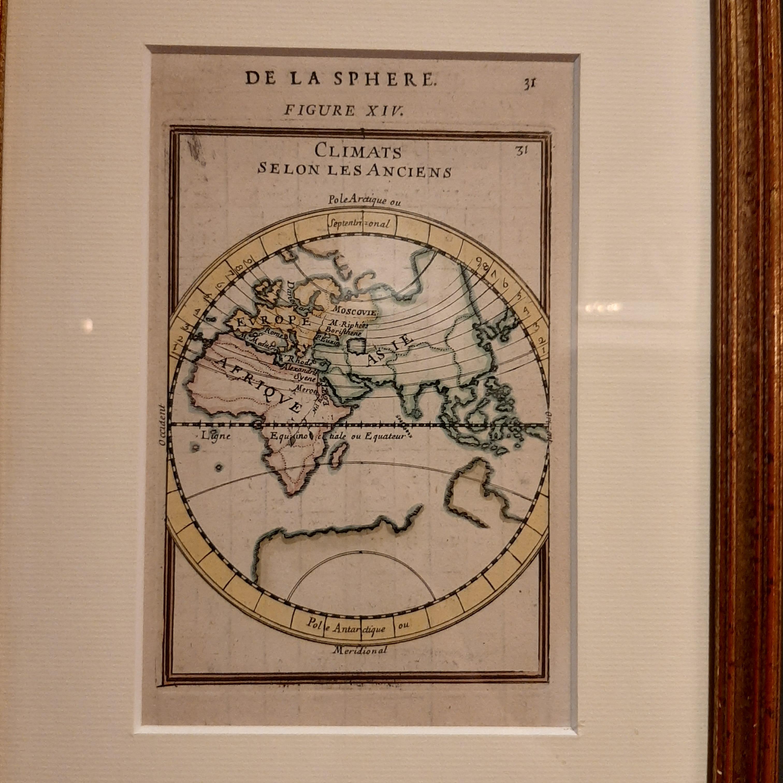Antique map titled 'Climats selon les Anciens'. Miniature map of the Eastern Hemisphere showing the climatic regions. This map originates from 'Description de l'Univers' by A.M. Mallet. Published circa 1683. 

Frame included. We carefully pack our