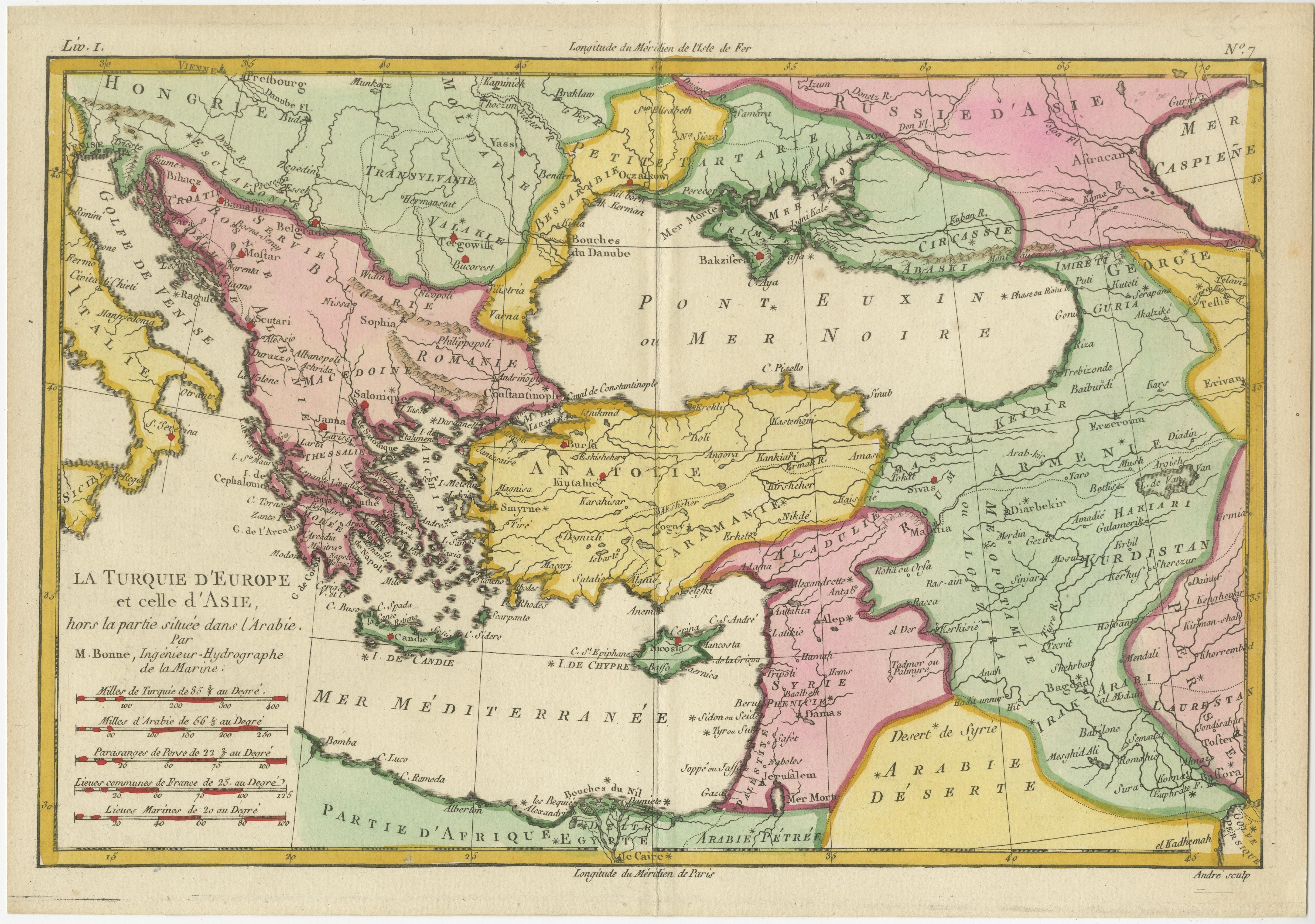 Antique map titled 'La Turquie d'Europe et celle d'Asie'. Attractive double page map of the Eastern Mediterranean and the Balkans by R. Bonne. Originates from 'Atlas de Toutes les Parties Connues du Globe Terrestre (..)' by Raynal. Published 1783.