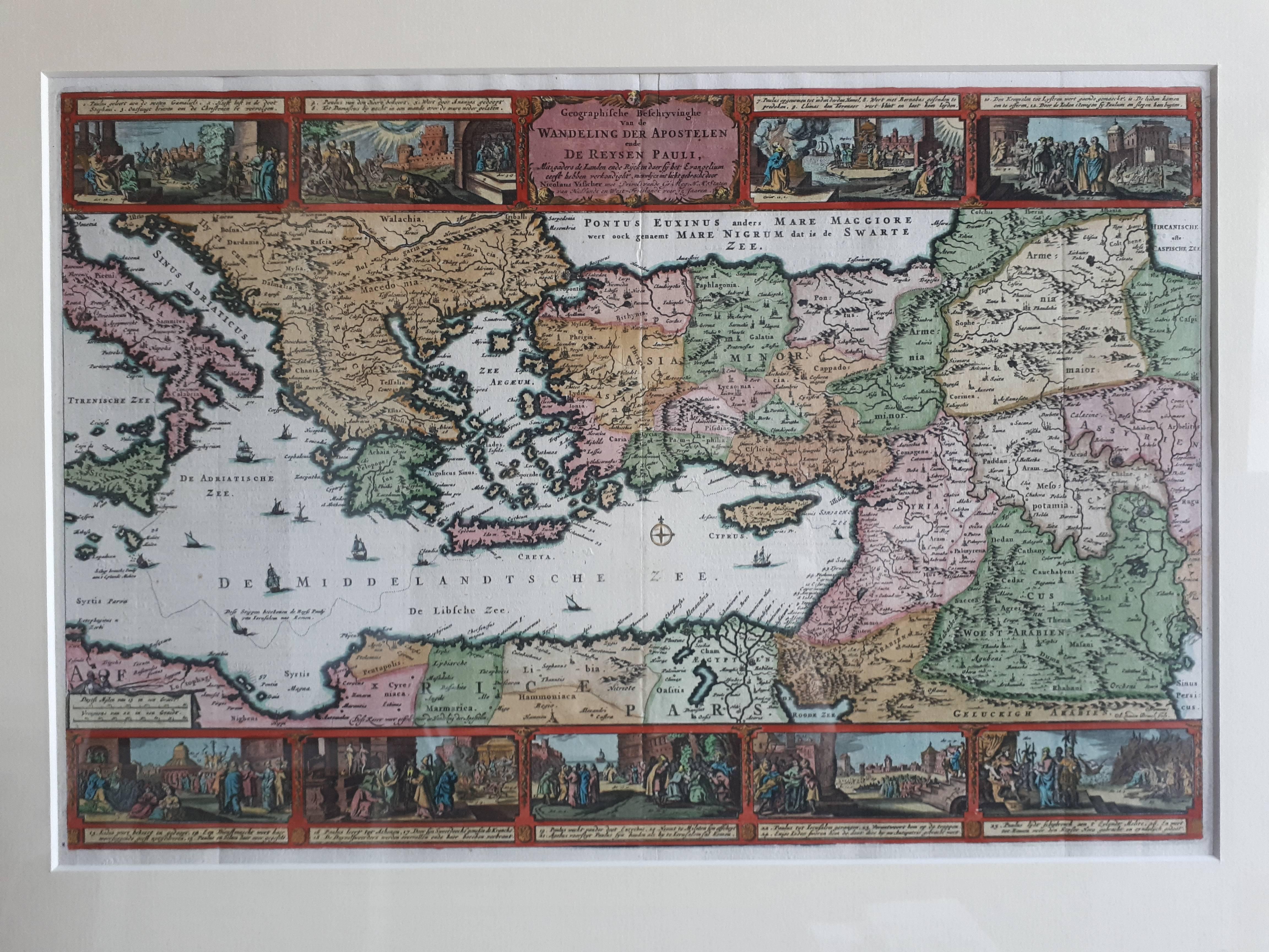 Antique map titled 'Geographische Beschryvinghe van de Wandeling der Apostelen ende de Reysen Pauli'. Decorative map of the Eastern Mediterranean, from Italy and Sicily to Asia Minor, Armenia, Iraq and the Red Sea, illustrating the travel of the St.