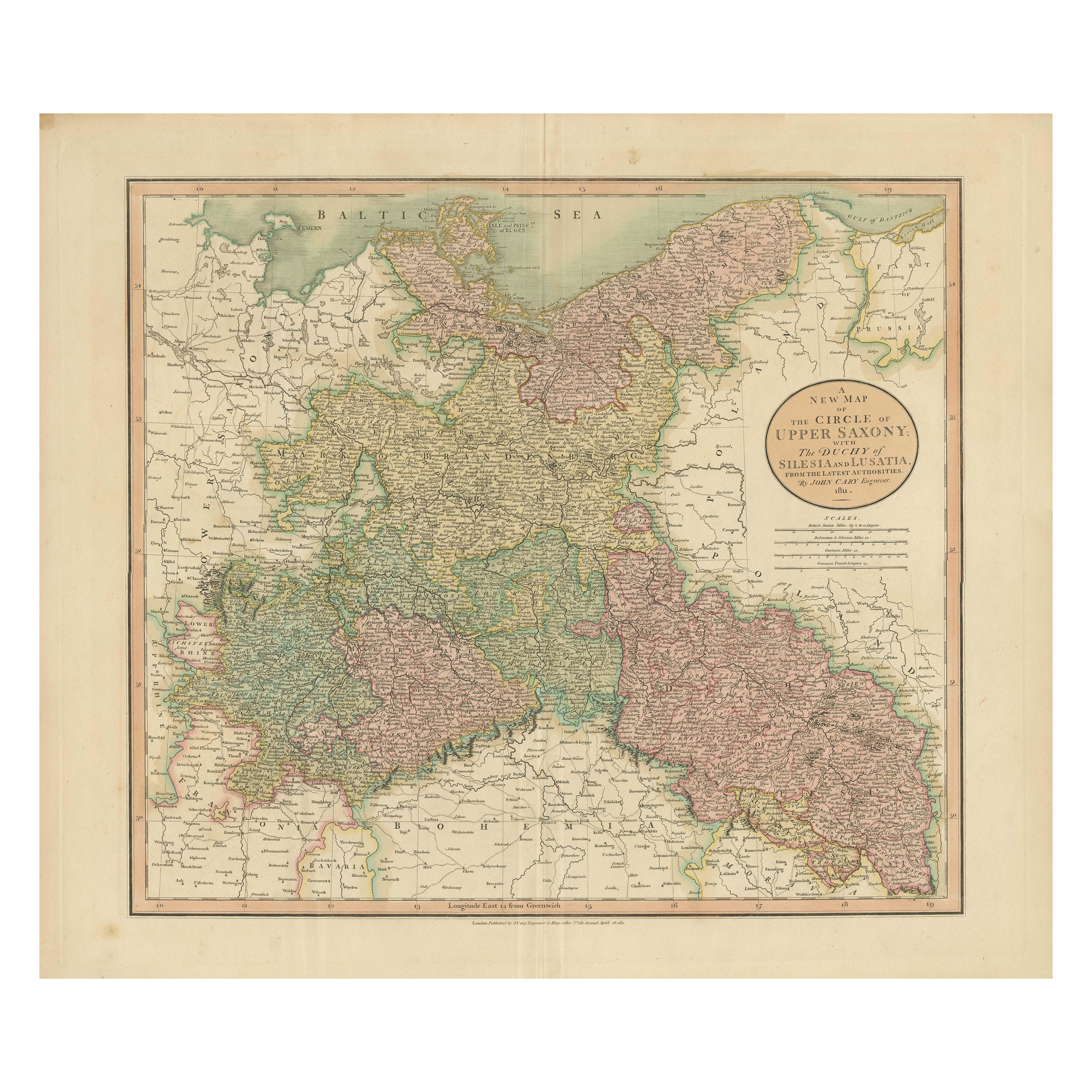 Carte ancienne de la partie est de l'Allemagne, avec des parties de Pologne et de Slovaquie