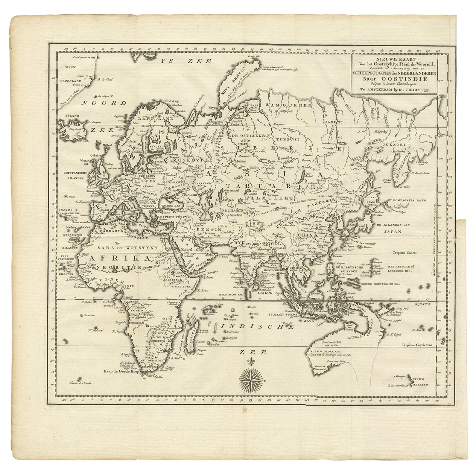Antike Karte des östlichen Teils der Welt von Tirion, 1755
