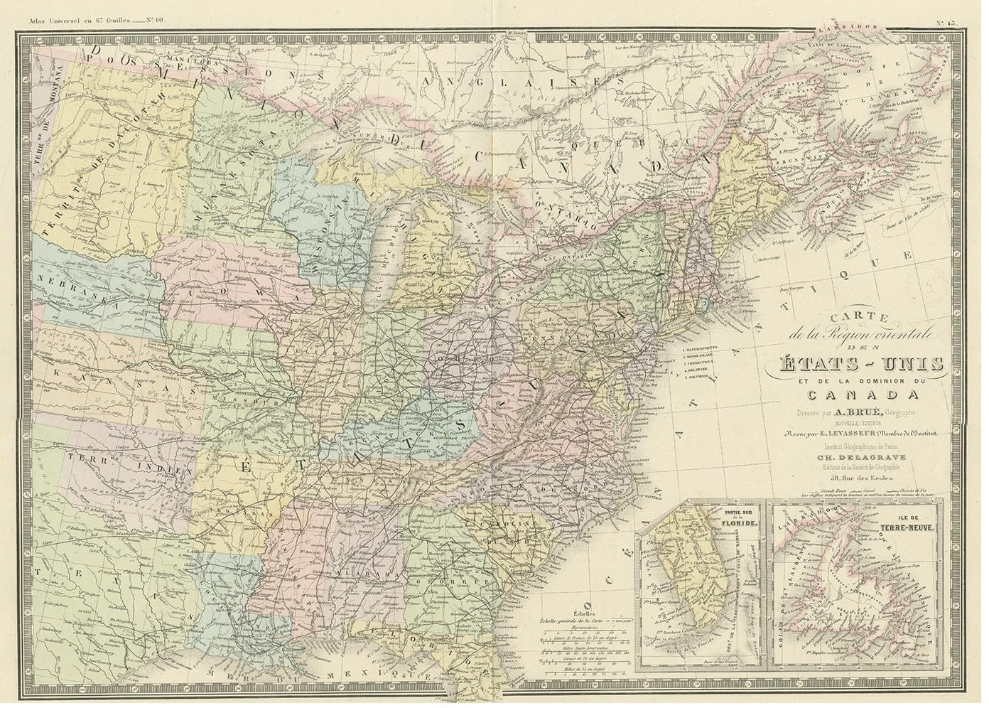 Antique map titled 'Carte de la Region orientale des États-Unis et de la dominion du Canada'. Large map of the Eastern United States. This map originates from 'Atlas de Géographie Moderne Physique et Politique' by A. Levasseur. Published 1875.