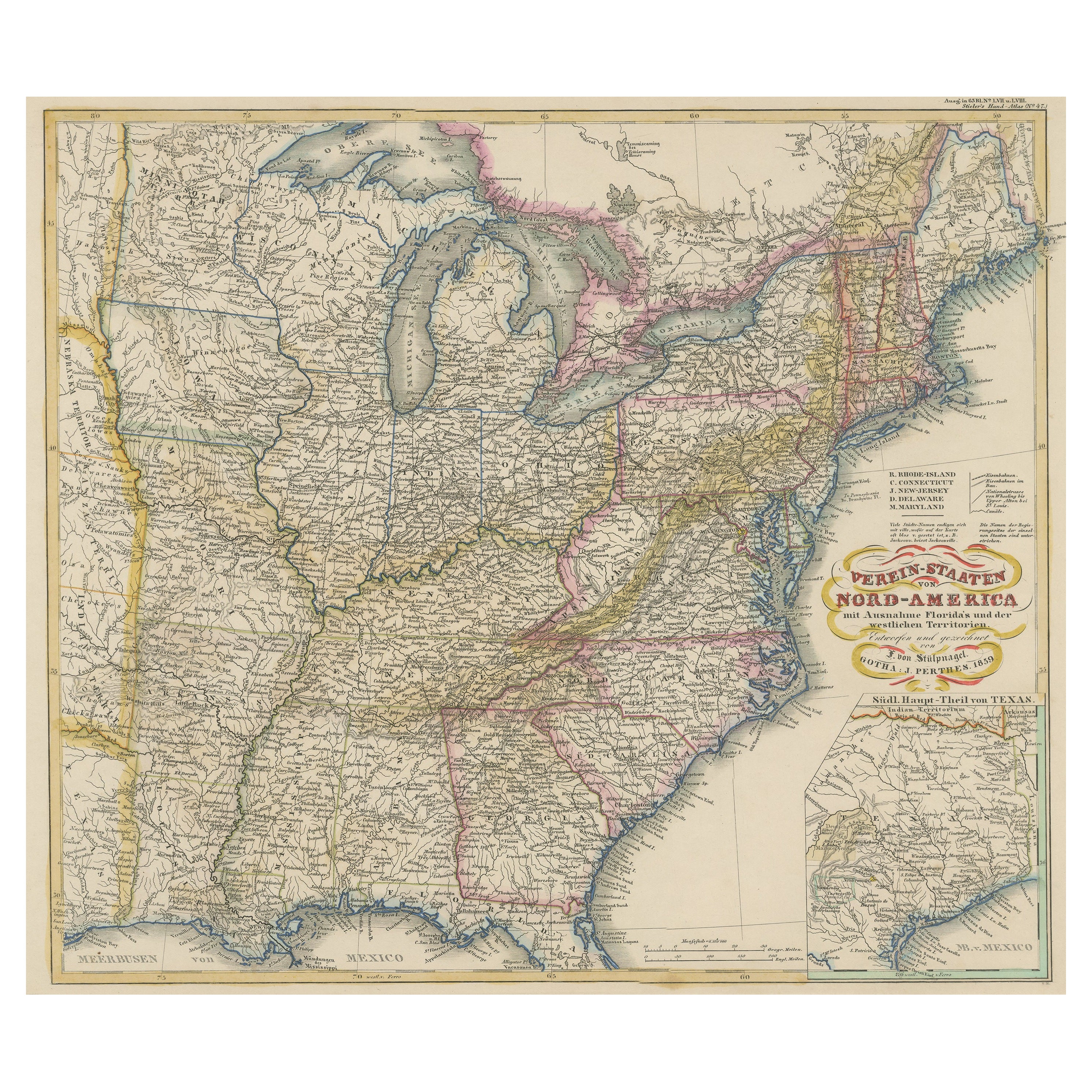 Mappa antica degli Stati Uniti orientali con inserto del Texas