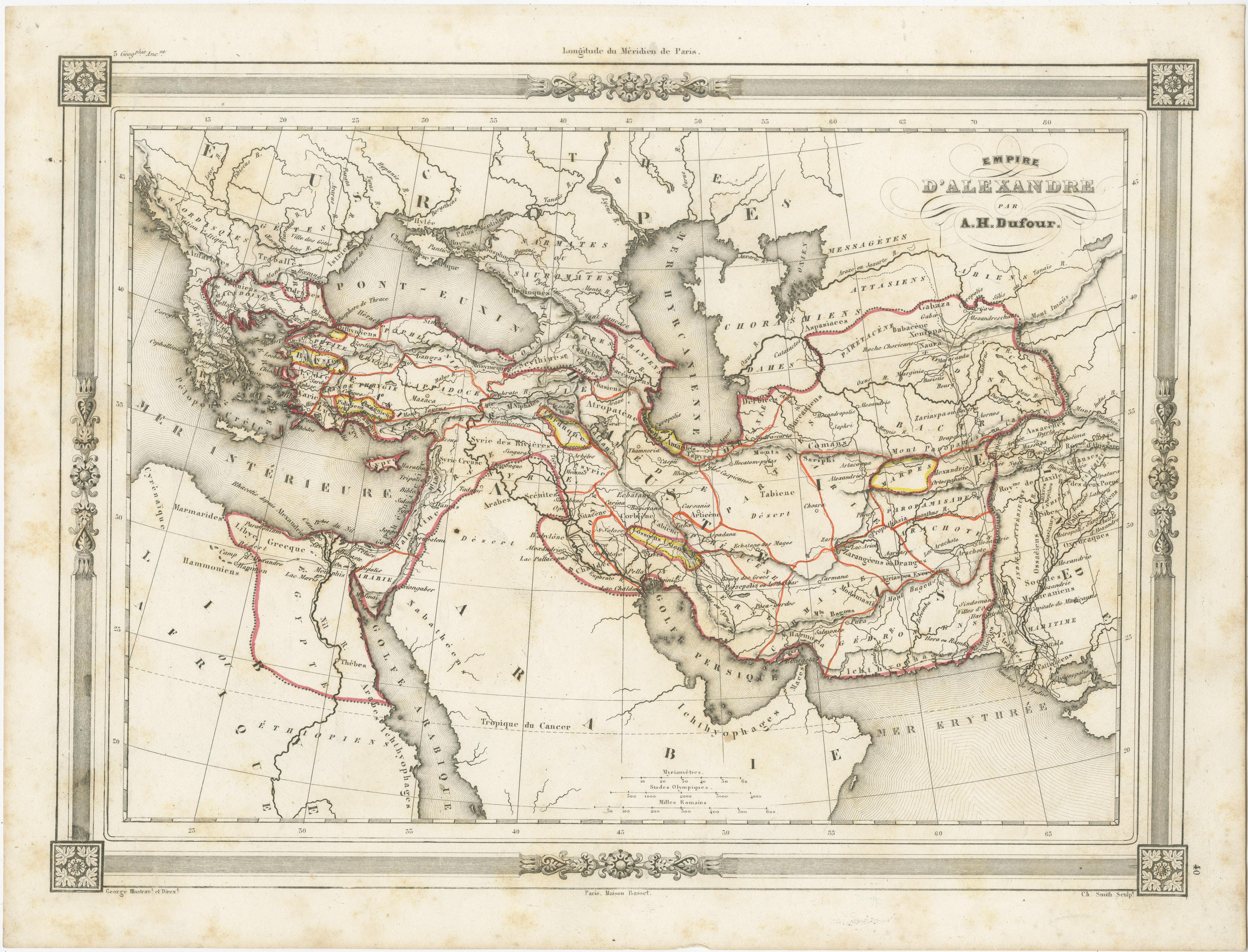 Carta geografica antica intitolata 'Empire d'Alexandre'. Attraente mappa dell'Impero di Alessandro Magno. La mappa si estende dalla patria di Alessandro in Macedonia verso est, passando per l'Asia Minore e la Persia fino all'India e verso sud,