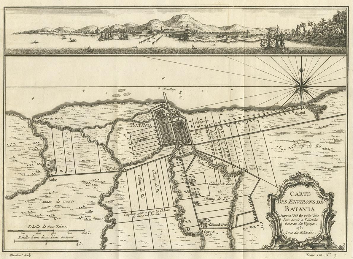Antique map titled 'Carte des Environs de Batavia'. Map of the environs of Batavia (now Jakarta), Indonesia. This print originates from volume 8 of 'Histoire générale des voyages'. Published by Didot, 1750.