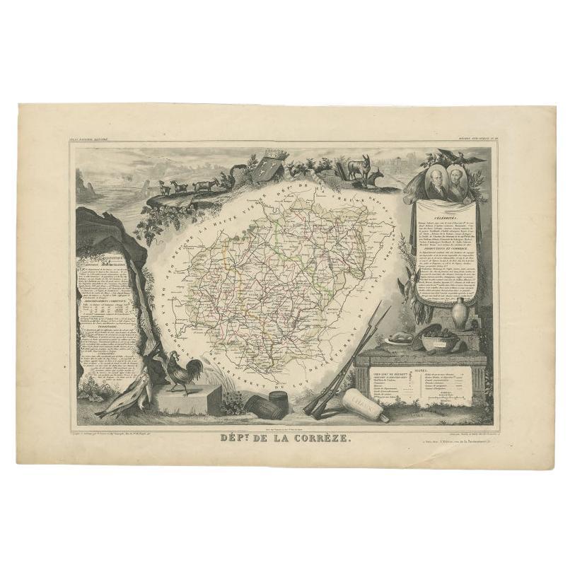 Antique Map of the Famous French Wine Area of Correze, 1854