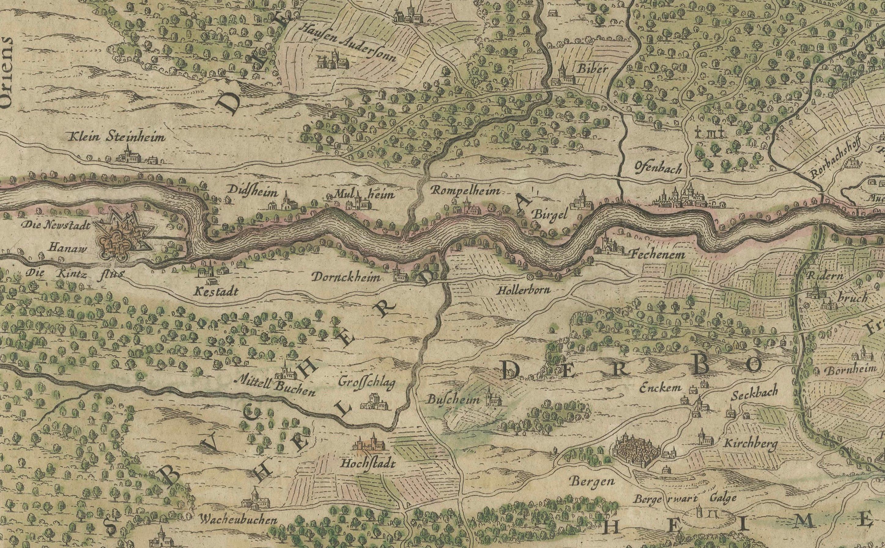 Mappa antica della regione di Francoforte di Johannes Janssonius del 1650 circa colorata a mano  

Questa rara e dettagliata mappa antica intitolata Territorium Francofurtense raffigura la regione circostante Francoforte sul Meno a metà del XVII
