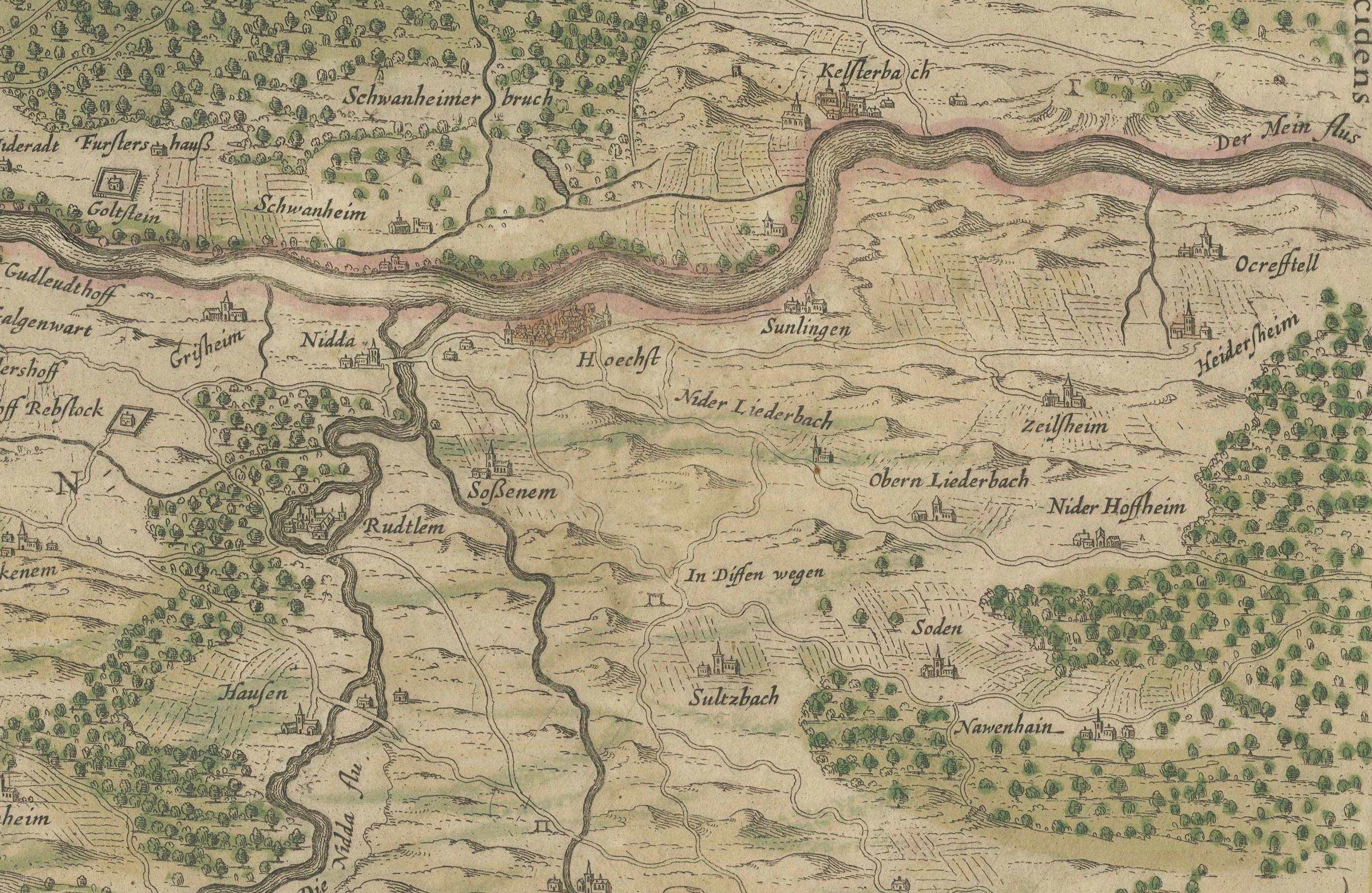 Inciso Mappa antica della regione di Francoforte di Johannes Janssonius, colorata a mano, C.C. in vendita