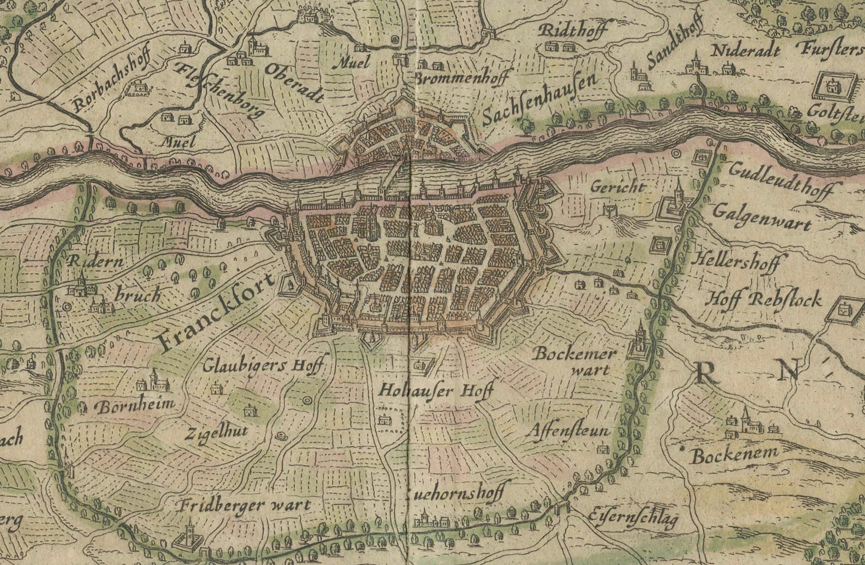Mappa antica della regione di Francoforte di Johannes Janssonius, colorata a mano, C.C. in vendita 1