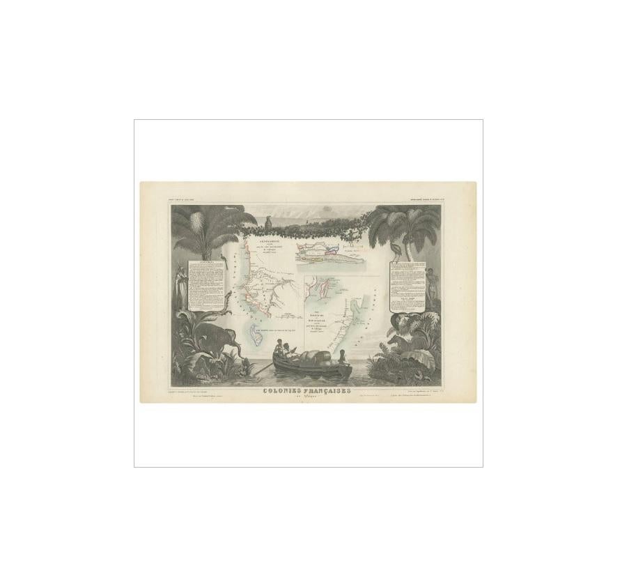 The antique map titled 'Colonies Françaises (en Afrique)' presents a decorative depiction of the French colonies located in Senegal and Madagascar within Africa. Surrounding the map are captivating vignettes showcasing the lush landscapes, native