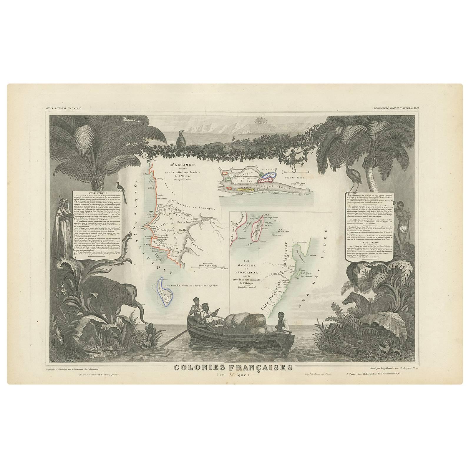 Antique Map of the French Colonies in Senegal and Madagascar by V. Levasseur For Sale