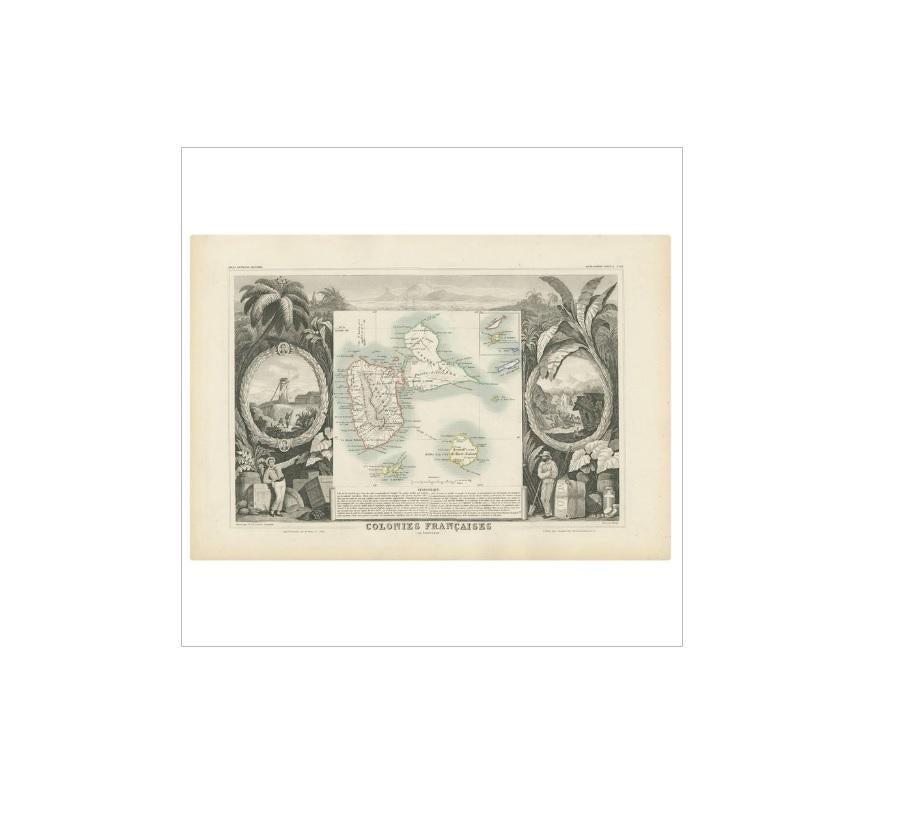 Antique map titled 'Colonies Françaises (en Amerique). Detailed map of the island of Guadeloupe in the Caribbean Sea, with decorative frame containing views of the island. This map originates from ‘Atlas National de la France Illustré’. Published by