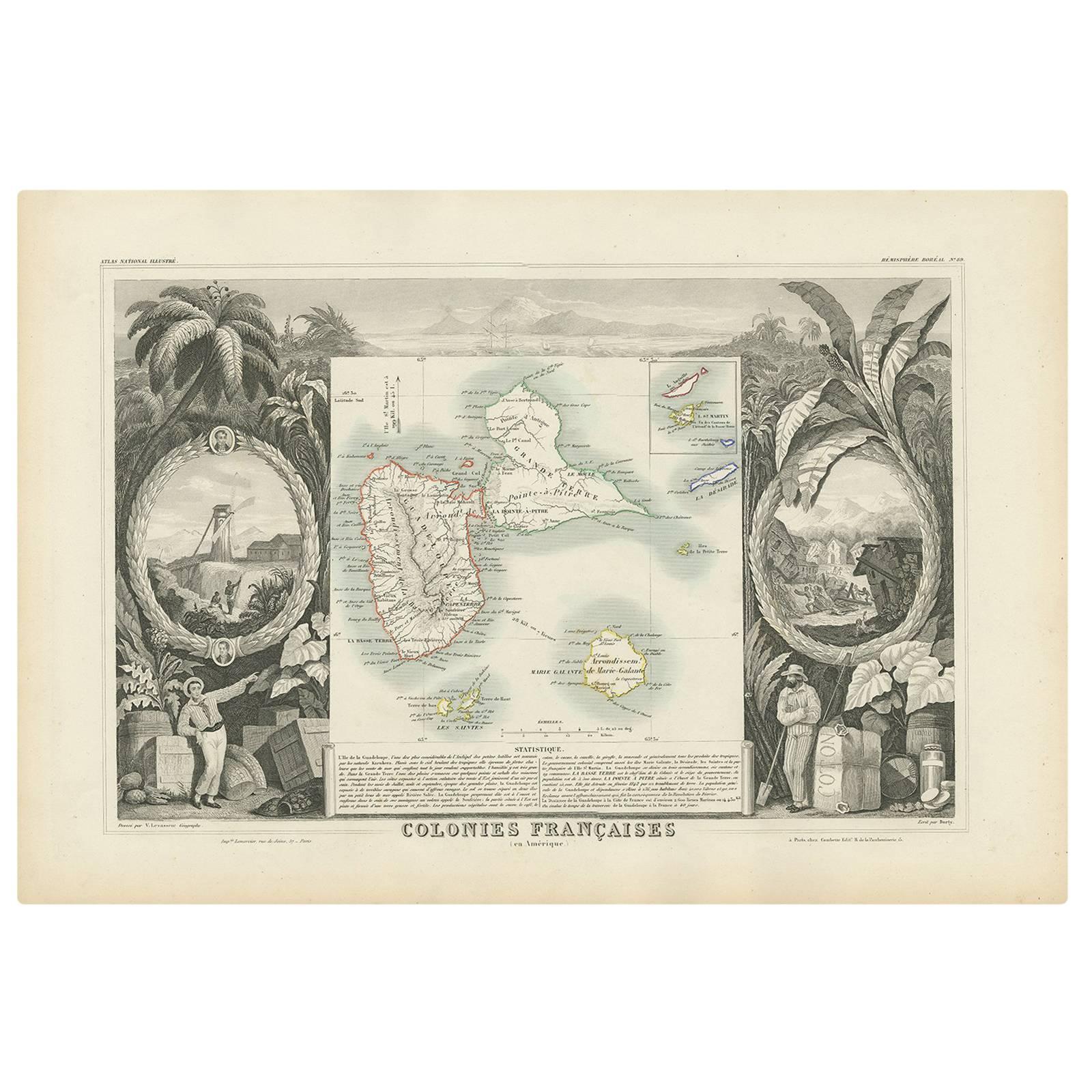 Antique Map of the French Colony Guadeloupe by V. Levasseur, 1854 For Sale