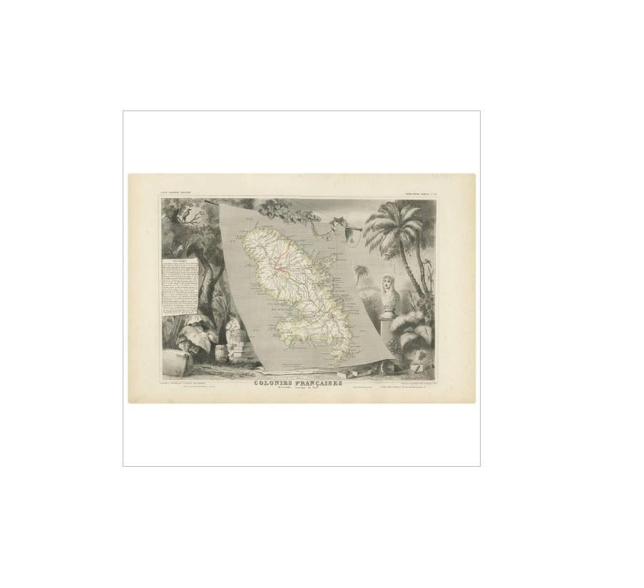 Carte ancienne de la colonie Martinique française par V. Levasseur, 1854 Bon état - En vente à Langweer, NL