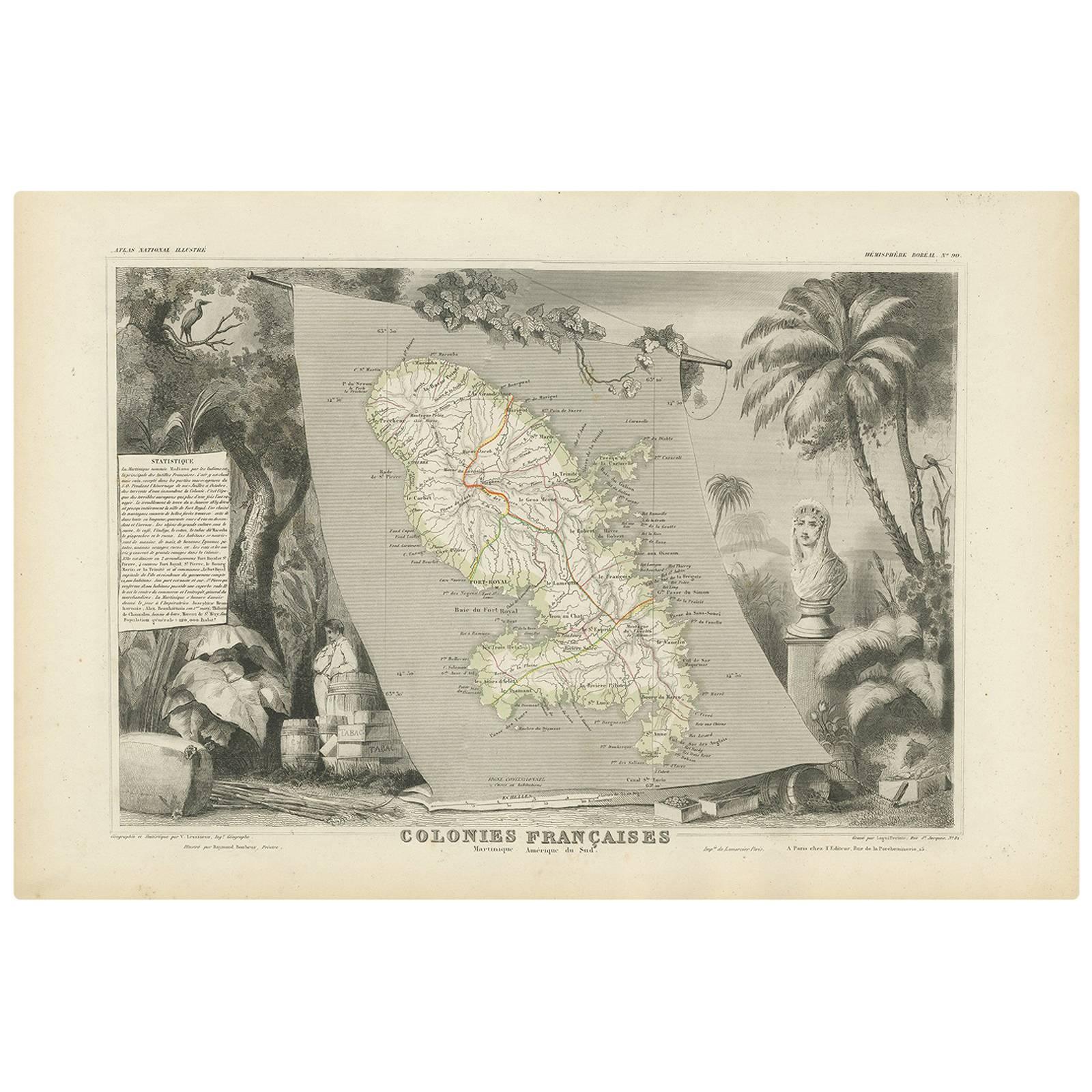 Carte ancienne de la colonie Martinique française par V. Levasseur, 1854