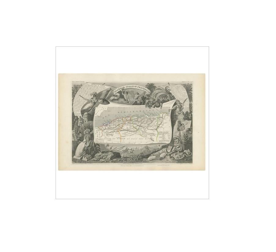 Antique map titled 'Algérie, Colonie Francaise'. Shows the region divided into the administrative provinces of Oban, Alger, and Constantine. The map proper is surrounded by elaborate decorative engravings designed to illustrate both the natural