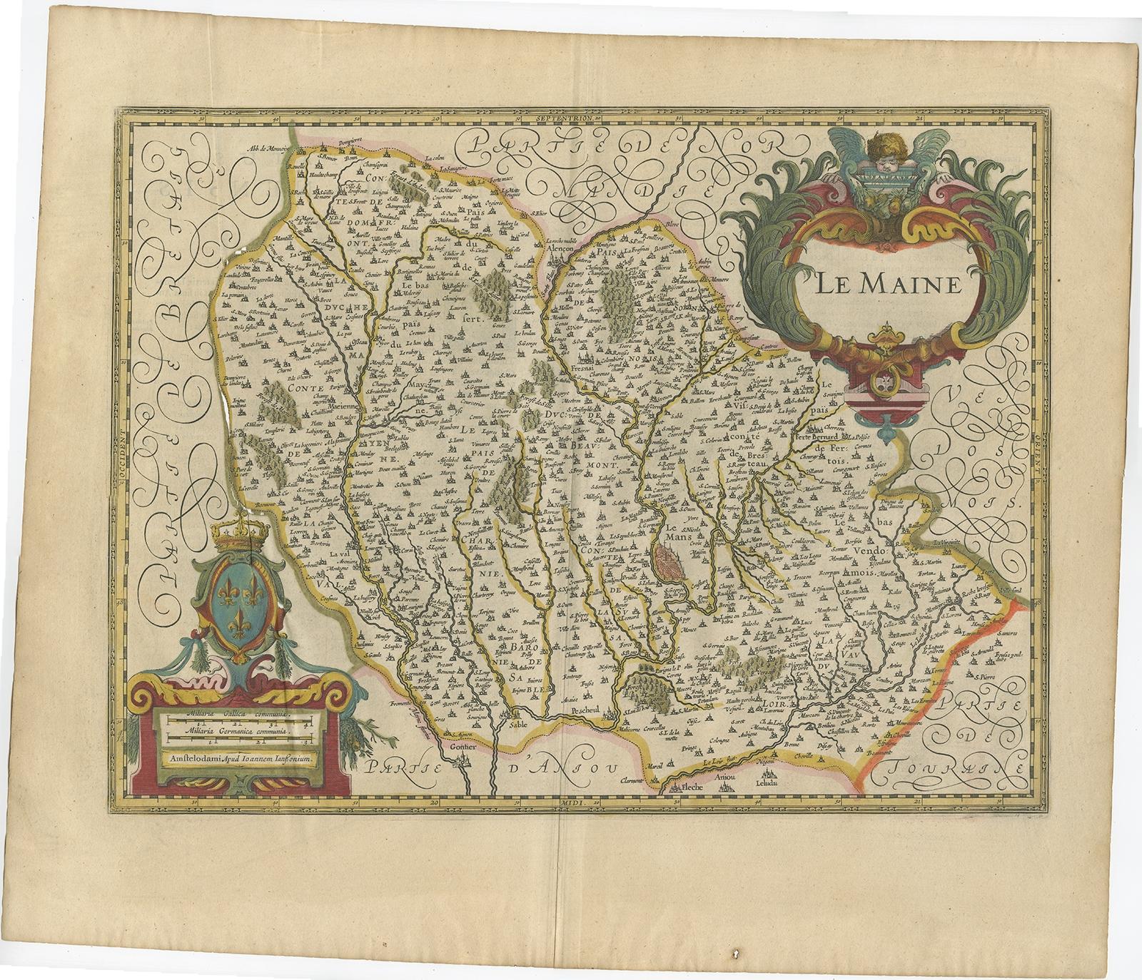 Antique map titled 'Le Maine'. 

Old map of the province of Maine, France. It shows the cities of Le Mans, Alencon and others. This map originates from a composite atlas. 

Artists and Engravers: Johannes Janssonius also known as Jan Jansson