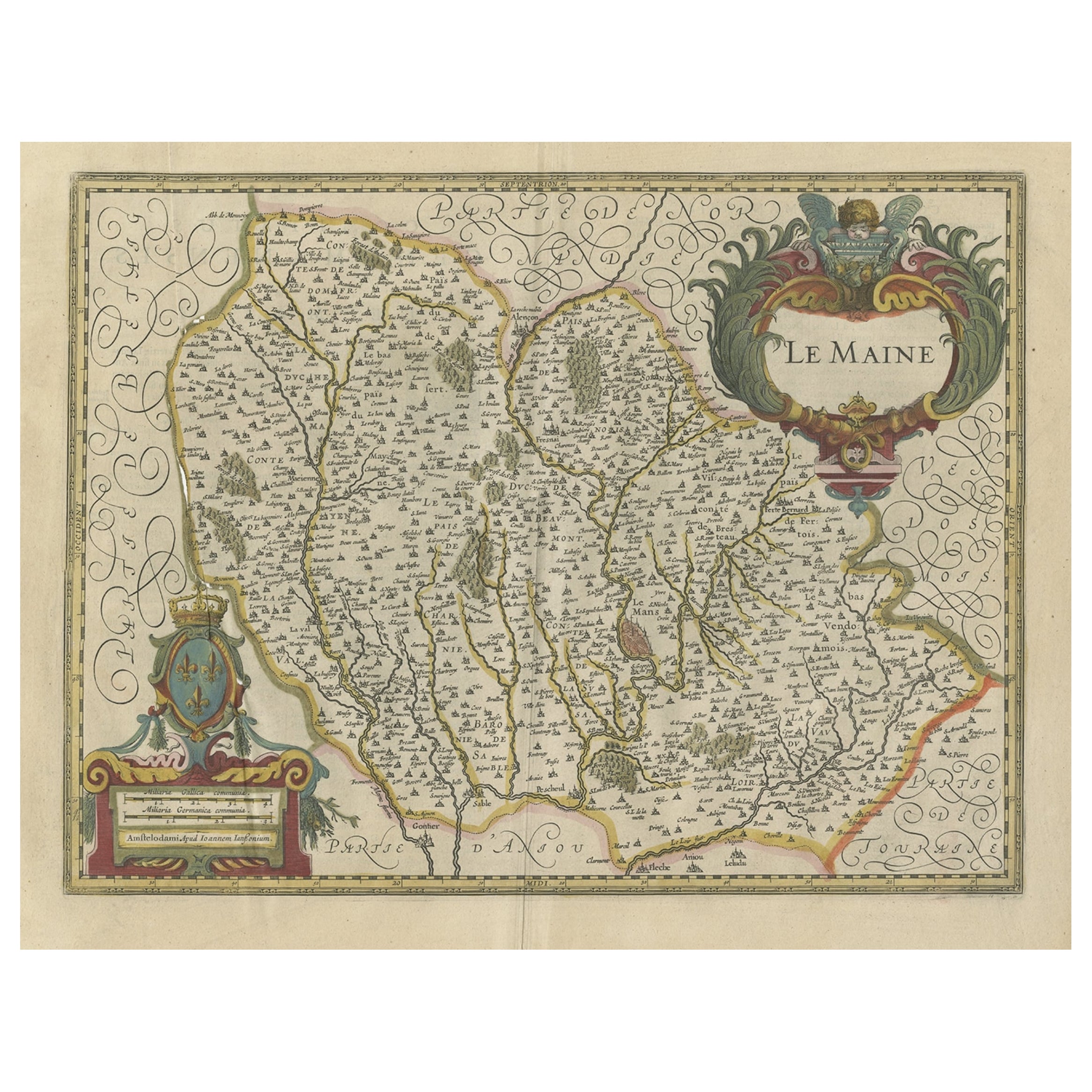 Carte ancienne de la province française du Maine, montrant le Mans, Alencon Etc., vers 1640 en vente