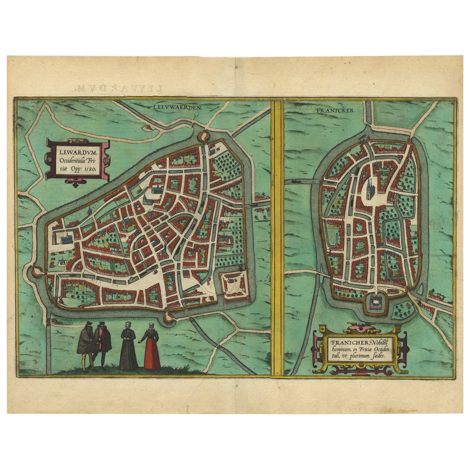 Carte ancienne des villes flamandes de Leeuwarden et Franeker dans le Frisland, 1580 en vente