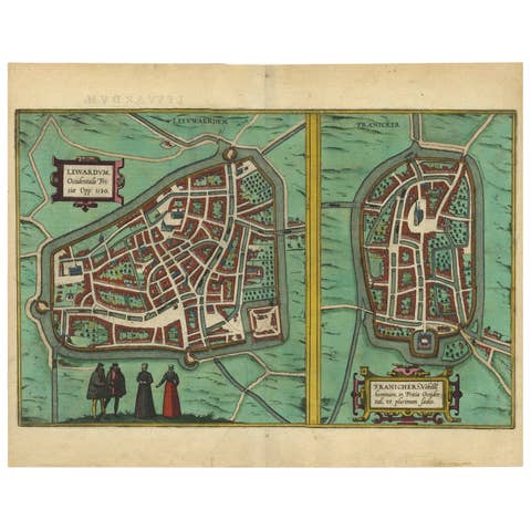 Antique Map of The Frisian Cities Leeuwarden and Franeker in Friesland, 1580