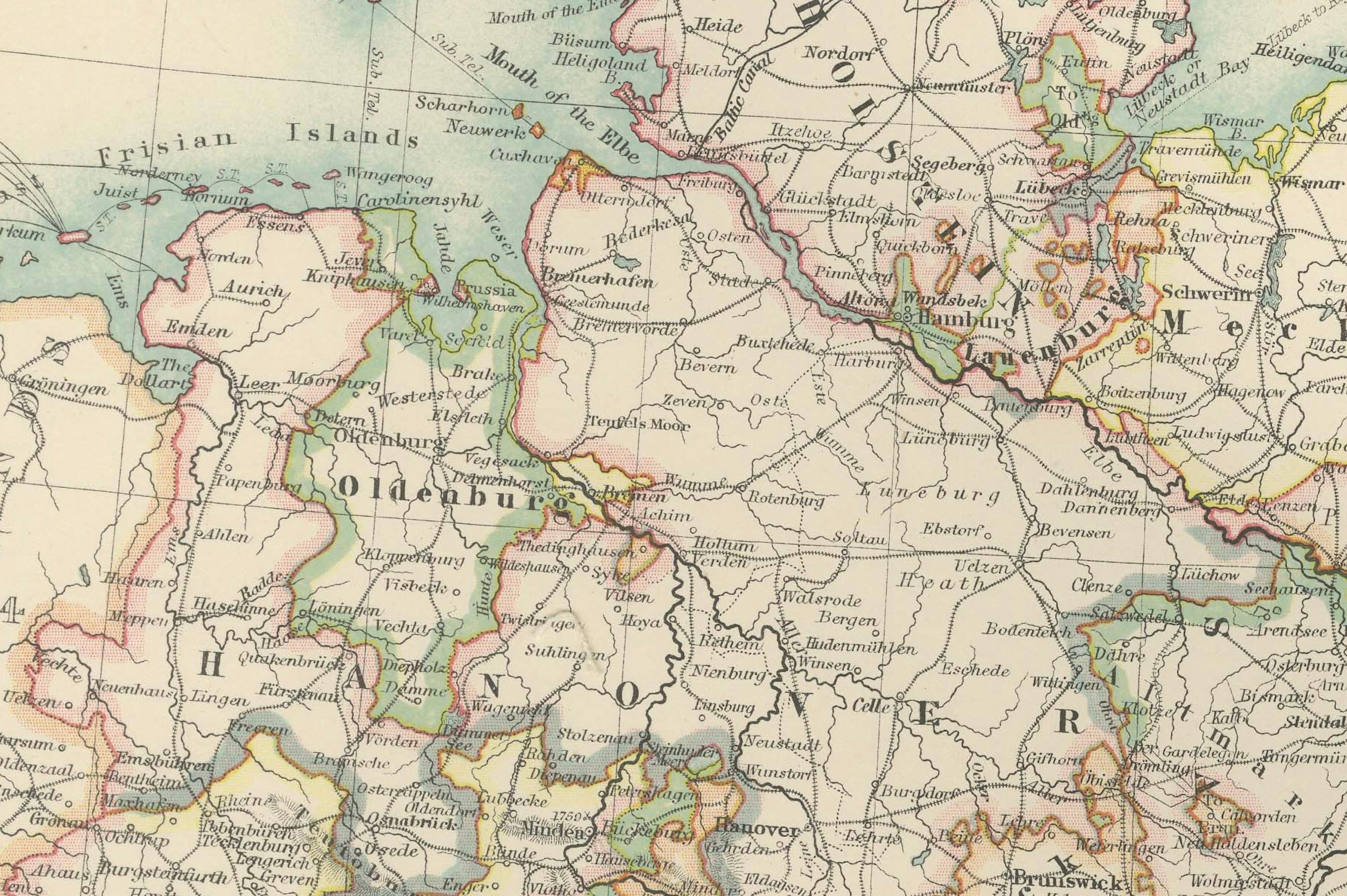 Papier Carte ancienne de l'Empire allemand, 1903, partie nord avec les côtes et l'intérieur des terres en vente