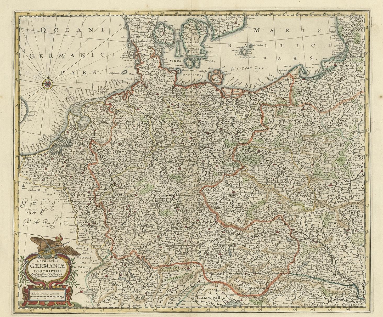 Antique map titled 'Nova Totius Germaniae Descriptio'. Uncommon map of the German Empire including the Netherlands, Germany, Switzerland, Austria, Bohemia, Moravia, Poland and the Baltic Countries.