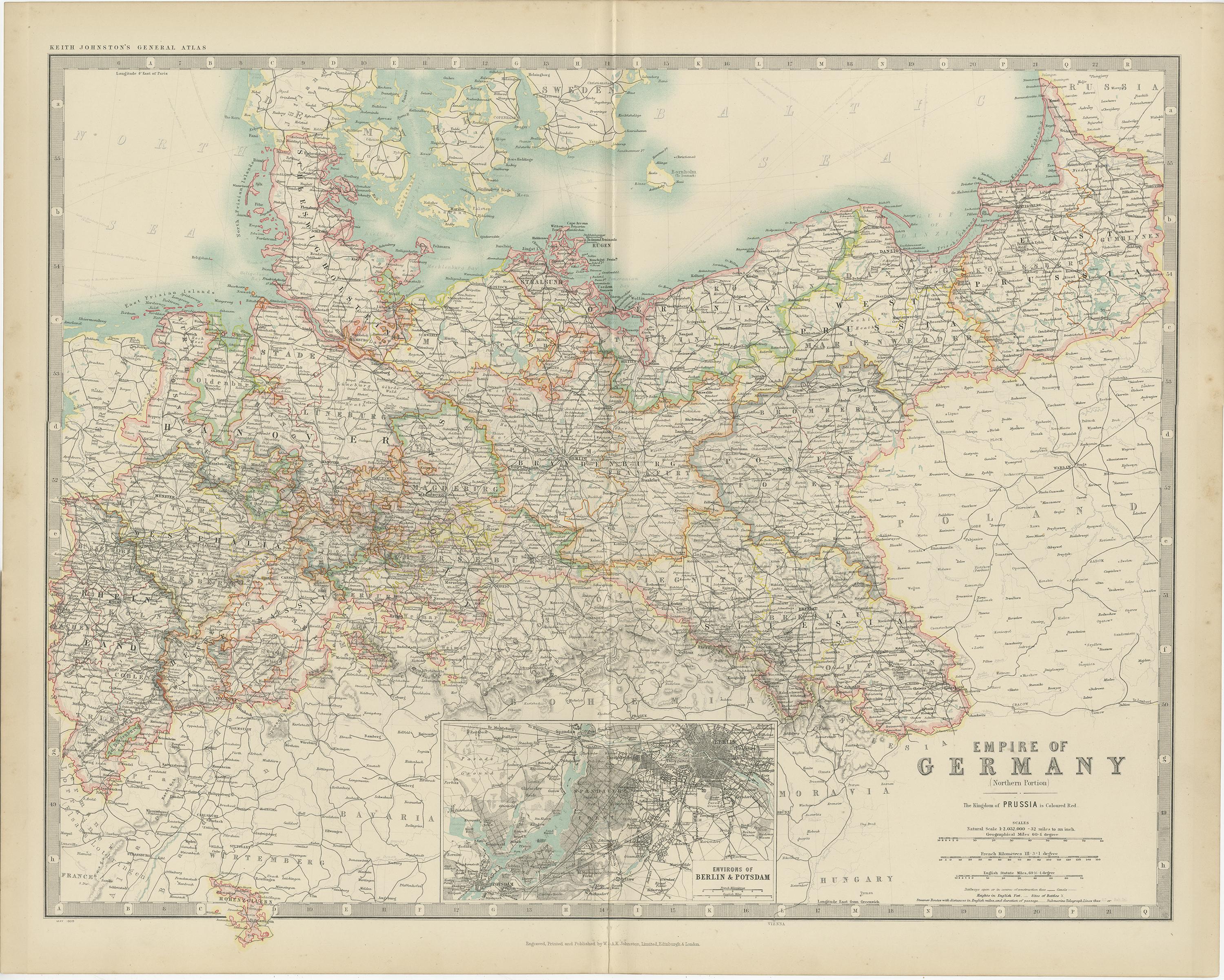 Antique map titled 'Empire of Germany'. Original antique map of the German Empire. With inset maps of Berlin and Potsdam. This map originates from the ‘Royal Atlas of Modern Geography’. Published by W. & A.K. Johnston, 1909.