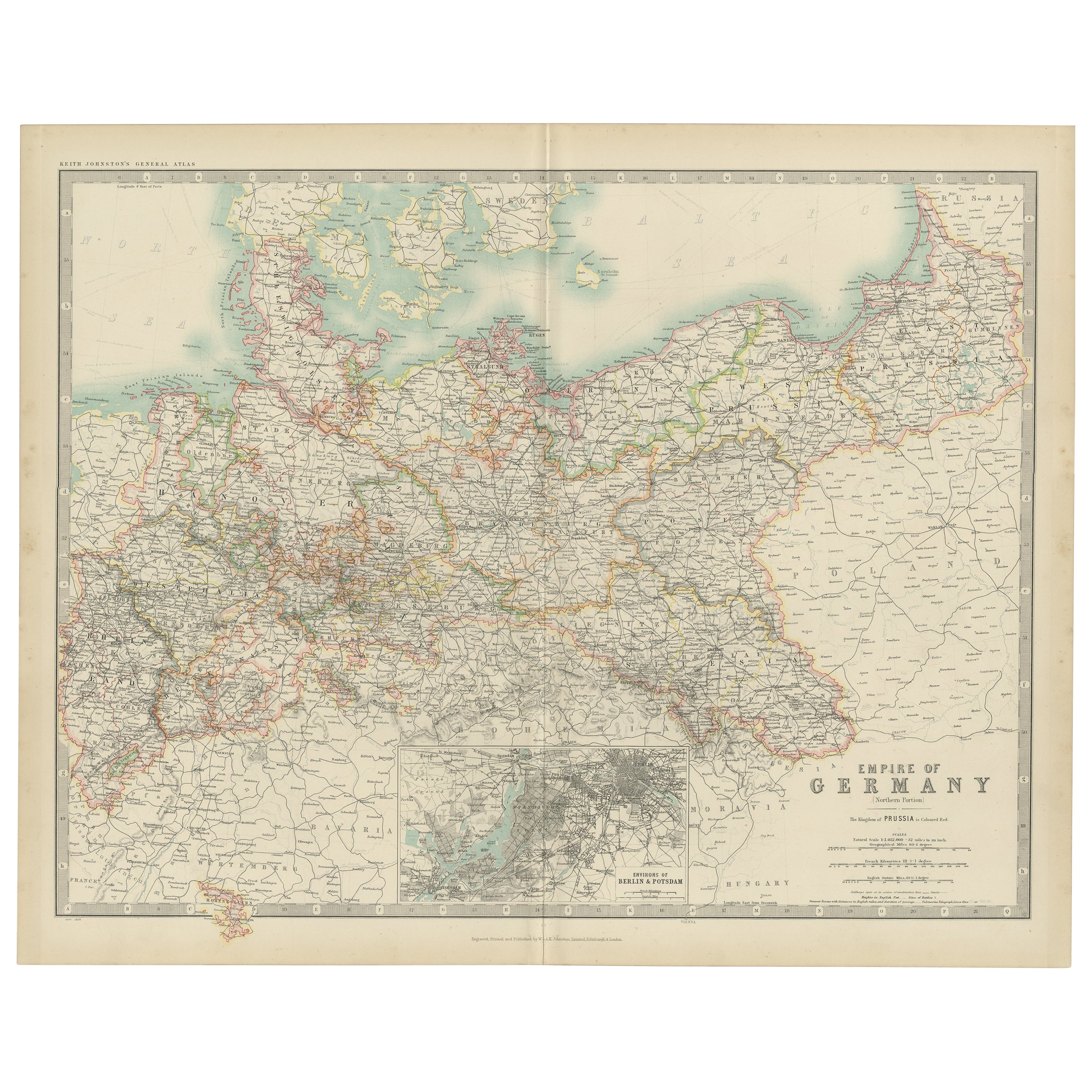Mapa antiguo del Imperio Alemán por Johnston, '1909