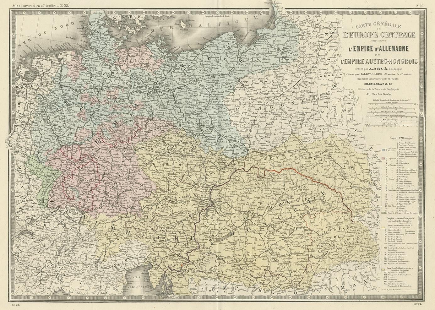 Antique map titled 'Carte générale de l'Europe Centrale (..)'. Large map of the German Empire. This map originates from 'Atlas de Géographie Moderne Physique et Politique' by A. Levasseur. Published 1875.